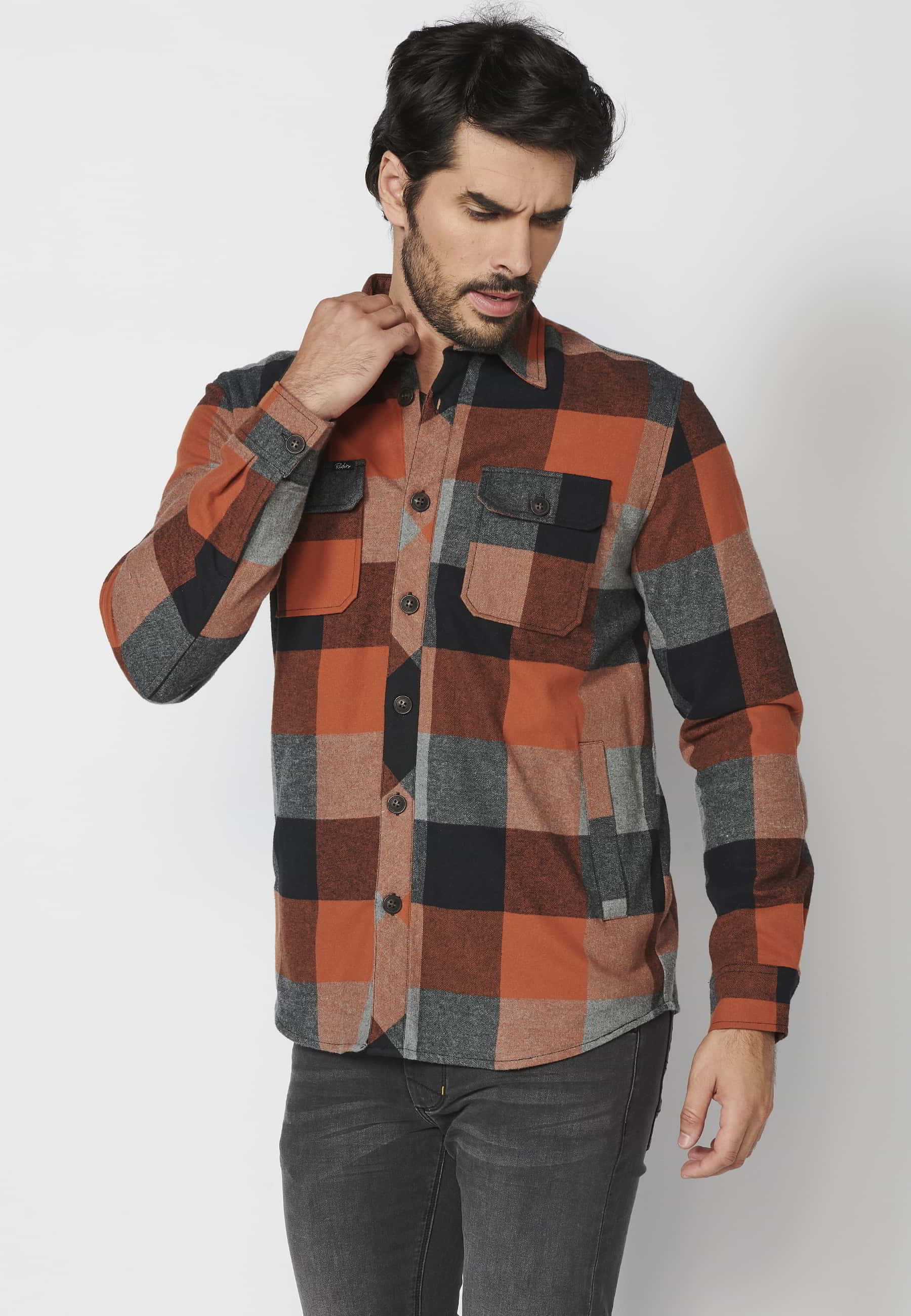 Men's Orange Faux Fur-Lined Checked Long-Sleeve Cotton Overshirt
