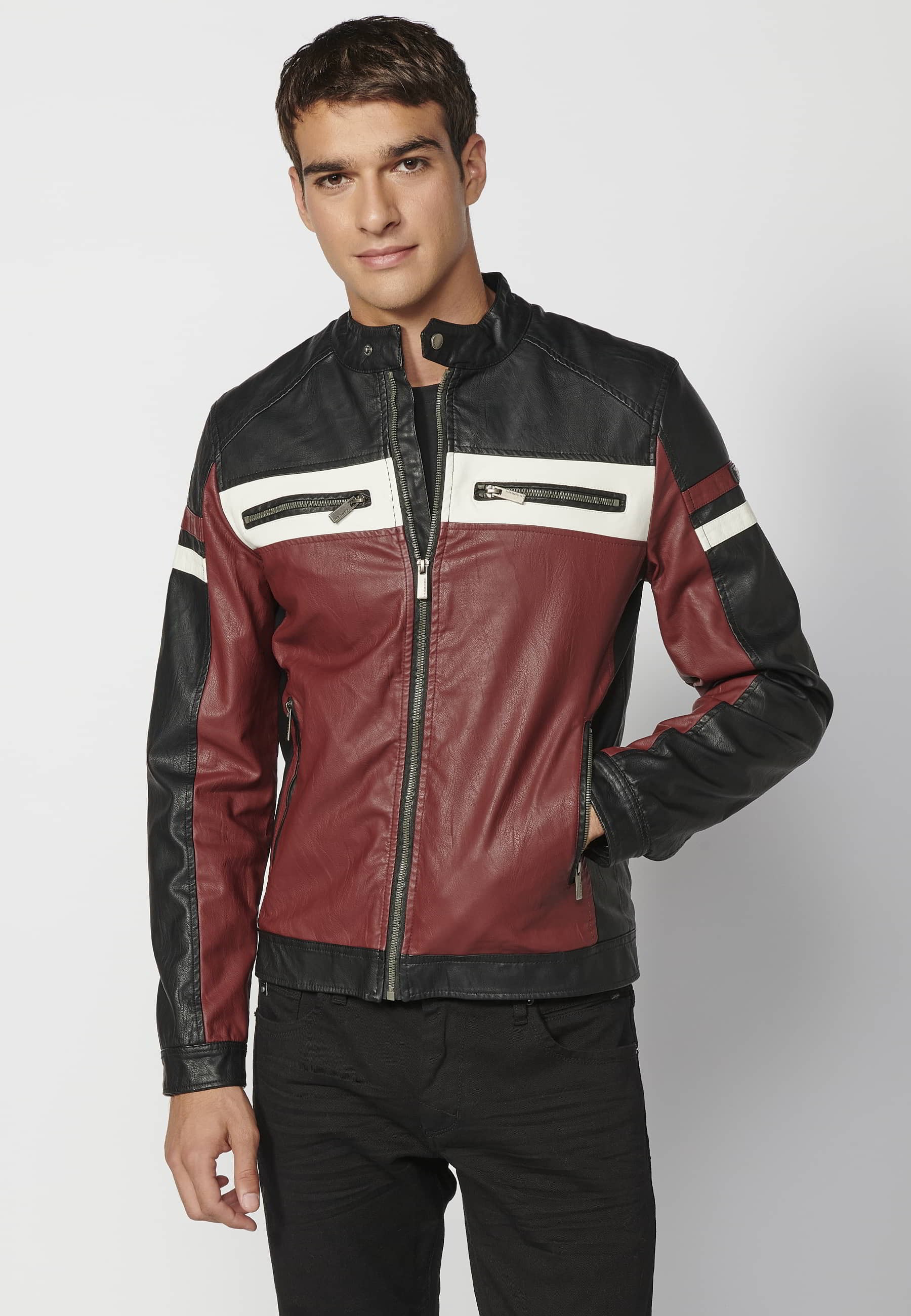 Chaqueta cazadora de manga larga de cuero sintético efecto piel cuello mao  color Rojo y Negro