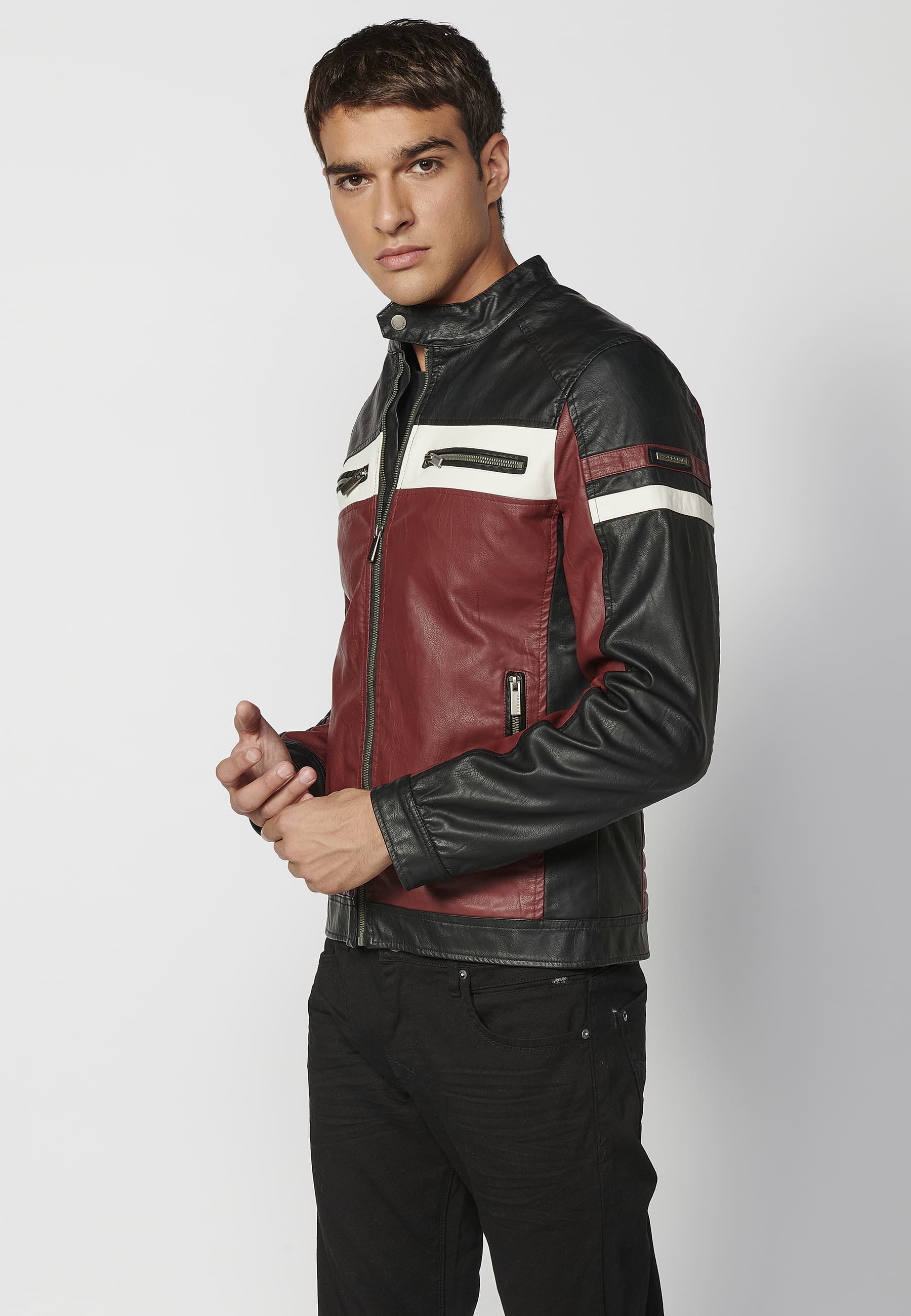 Chaqueta cazadora de manga larga de cuero sintético efecto piel cuello mao  color Rojo y Negro para Hombre