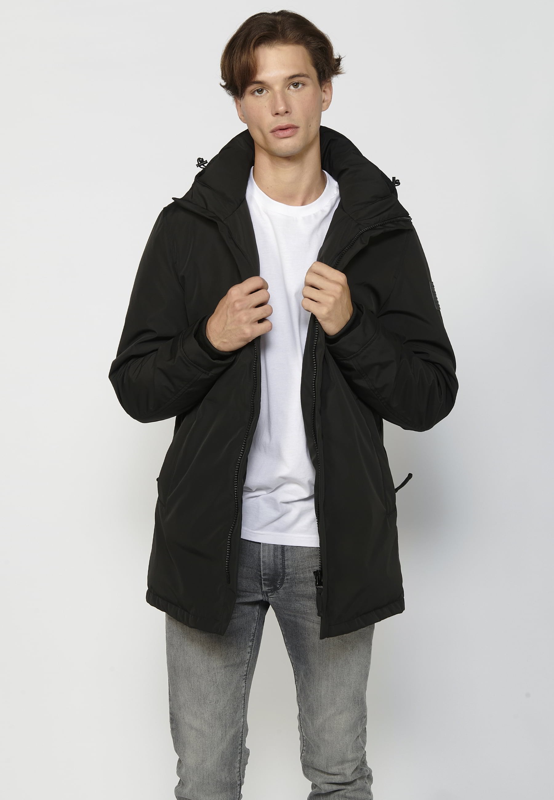 Abrigo parka de manga larga con cuello con capucha color negro para hombre | Ropa Casual