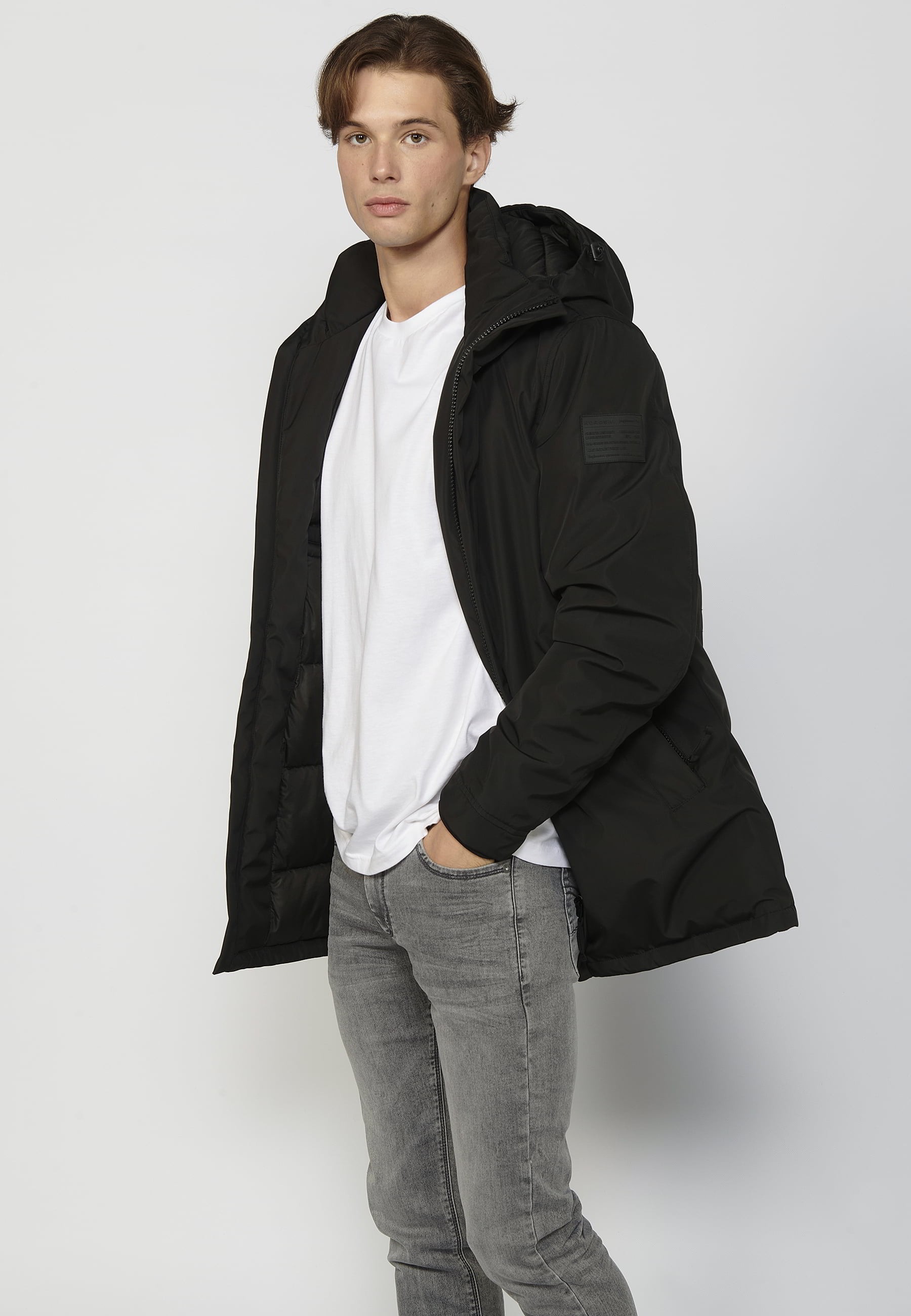 Abrigo parka de manga larga con cuello con capucha color negro para hombre | Ropa Casual