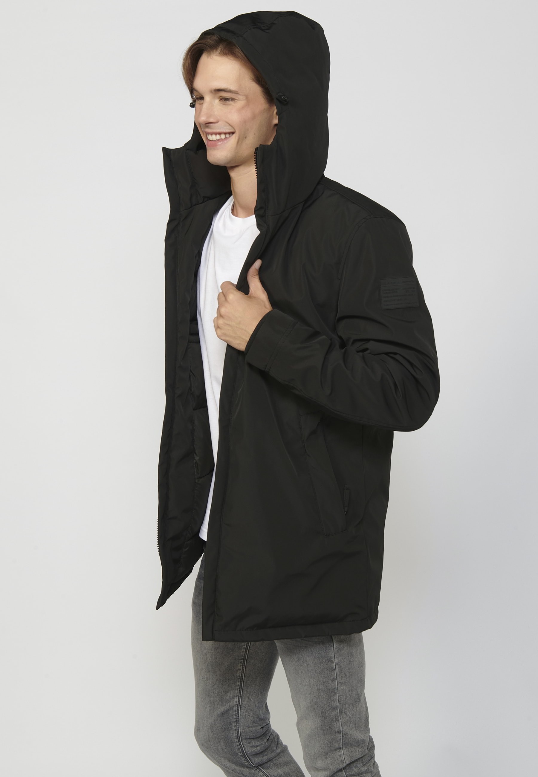 Abrigo parka de manga larga con cuello con capucha color negro para hombre | Ropa Casual