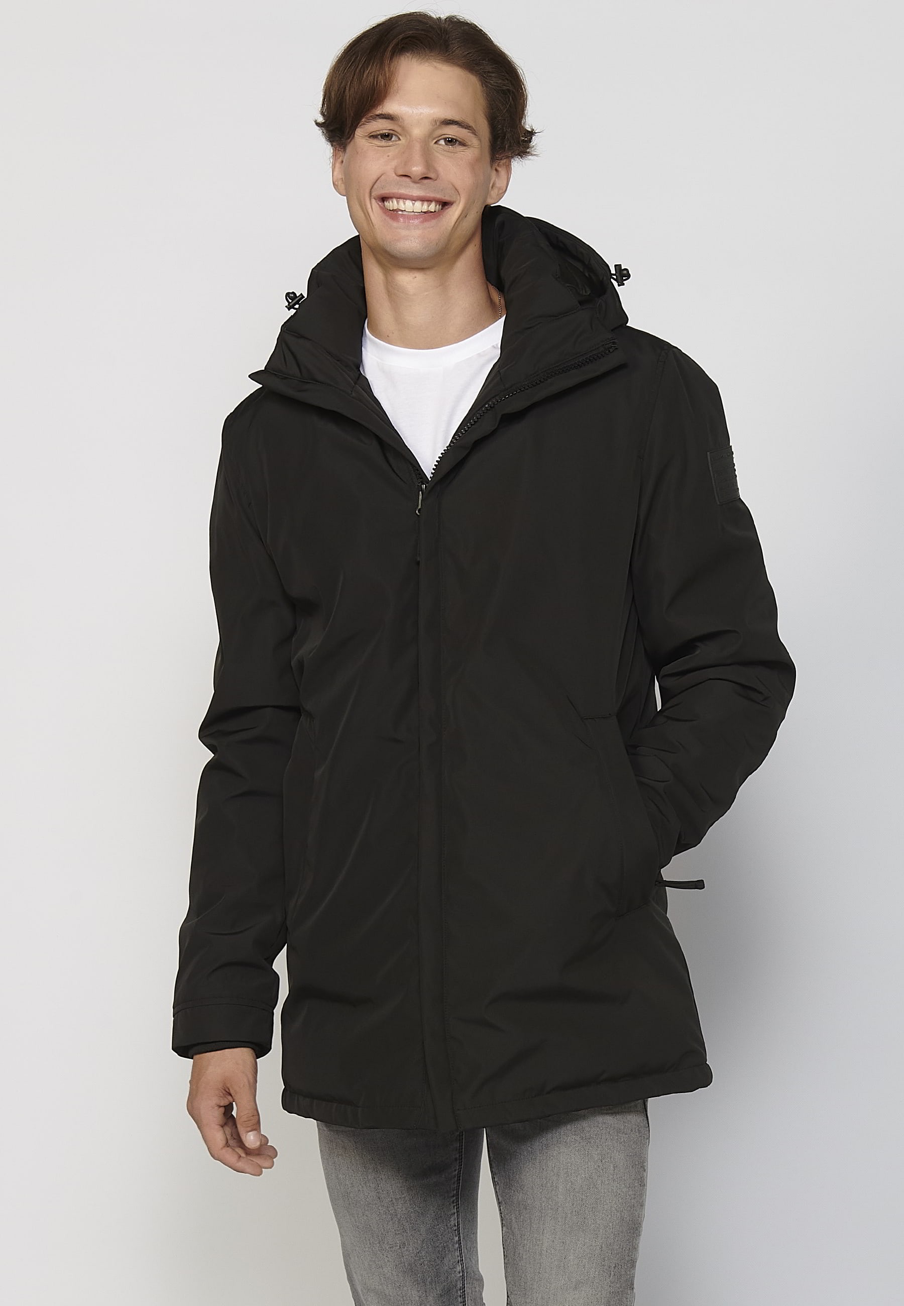 Abrigo parka de manga larga con cuello con capucha color negro para hombre | Ropa Casual