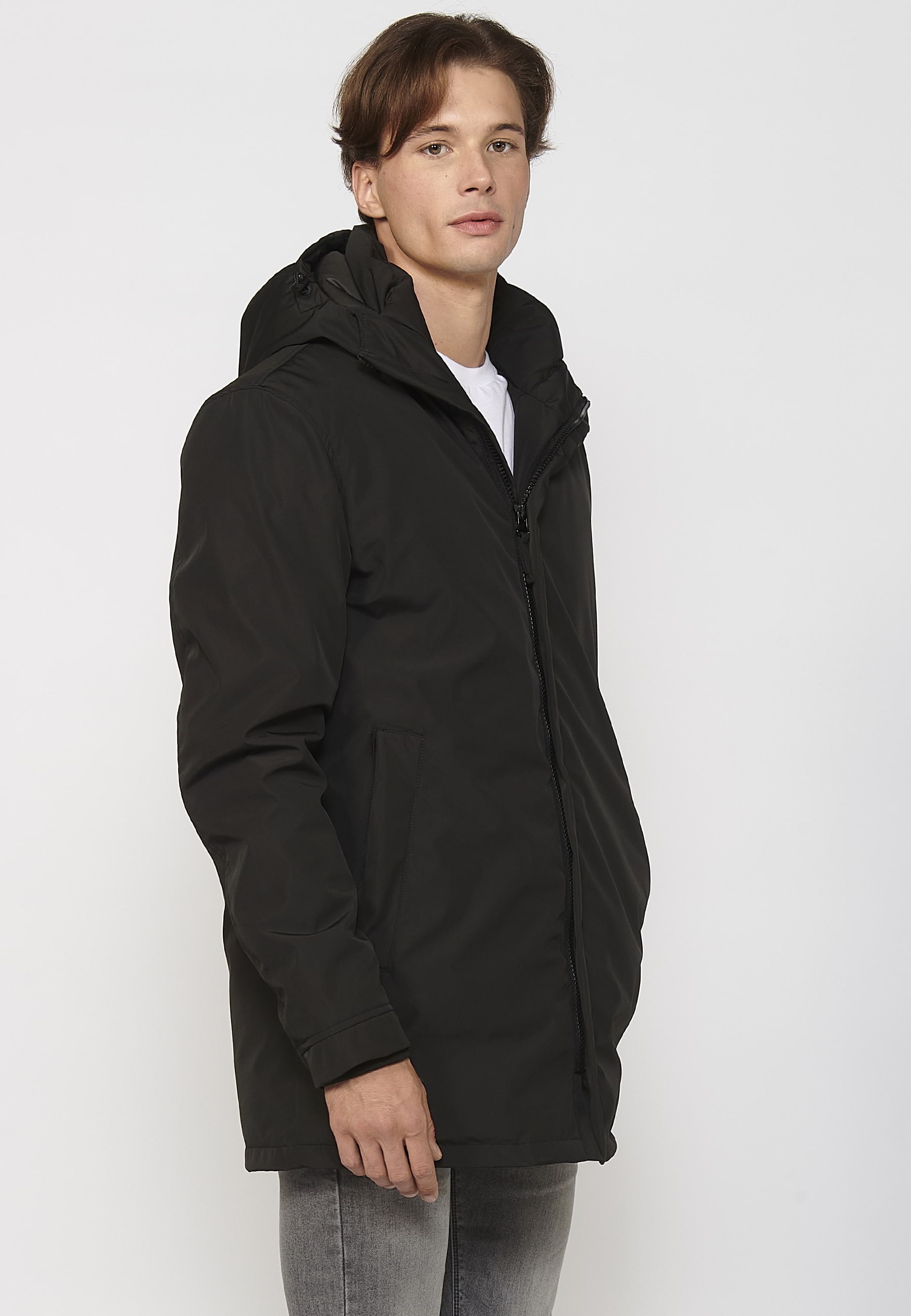 Abrigo parka de manga larga con cuello con capucha color negro para hombre | Ropa Casual