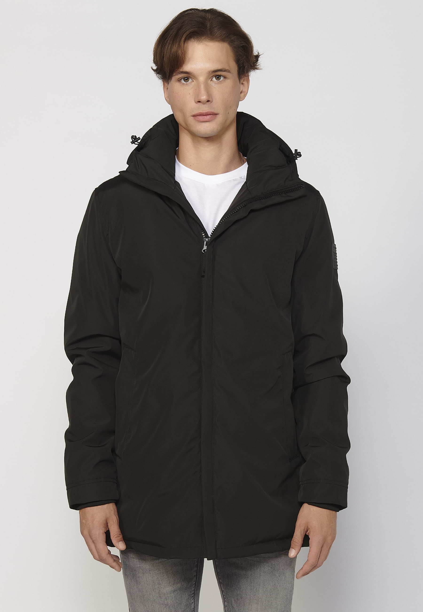 Abrigo parka de manga larga con cuello con capucha color negro para hombre | Ropa Casual