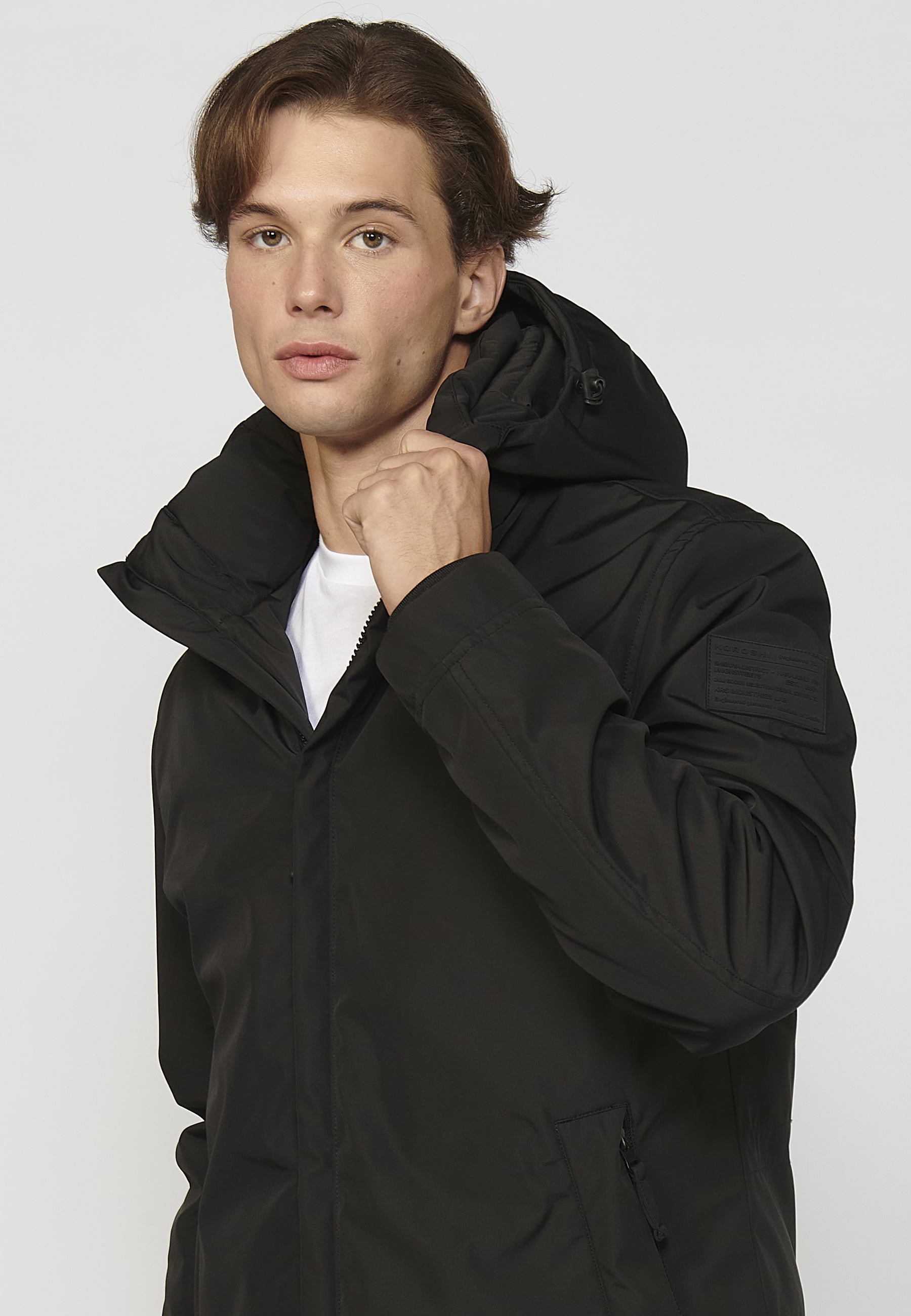 Abrigo parka de manga larga con cuello con capucha color negro para hombre | Ropa Casual