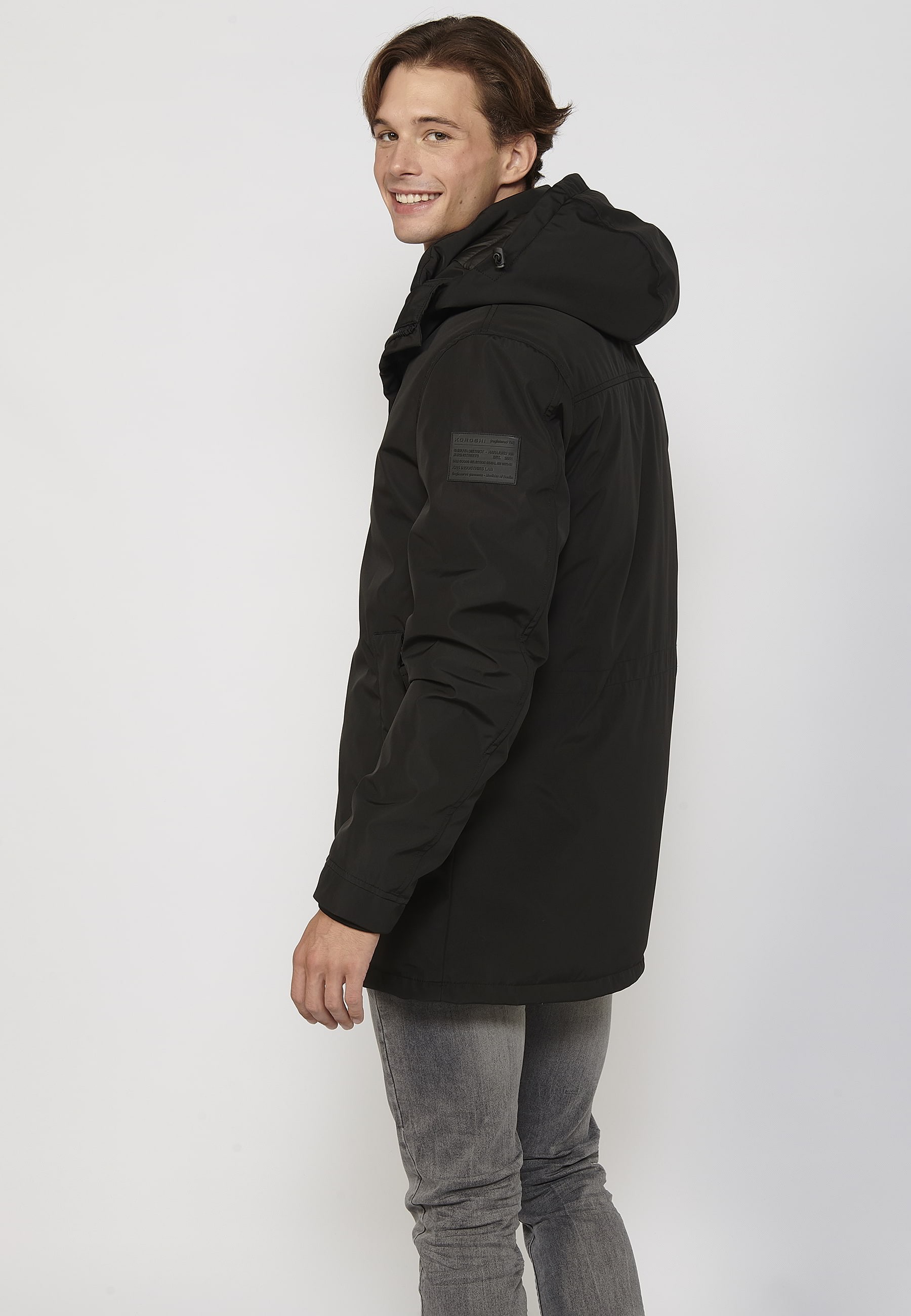 Abrigo parka de manga larga con cuello con capucha color negro para hombre | Ropa Casual