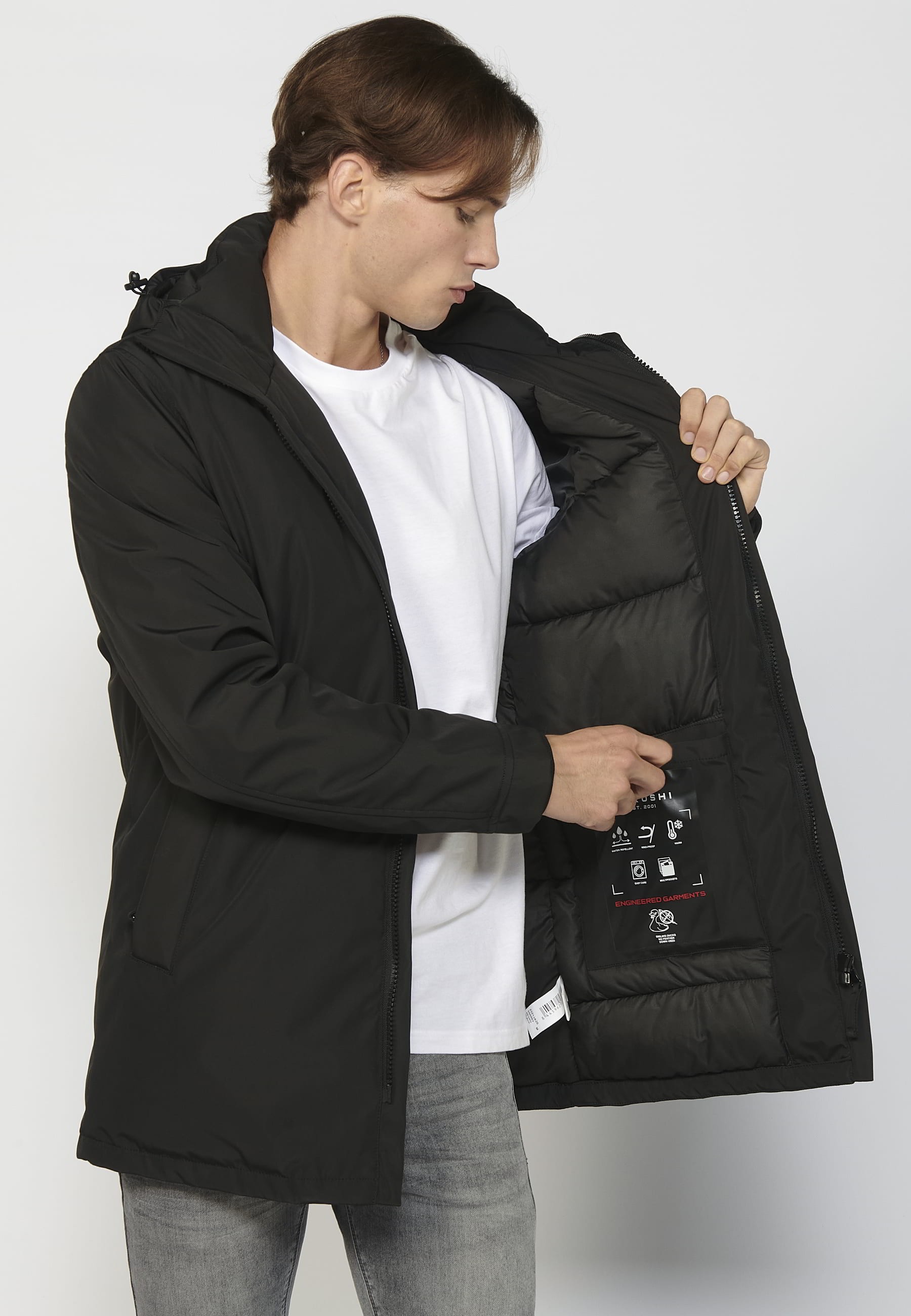 Abrigo parka de manga larga con cuello con capucha color negro para hombre | Ropa Casual