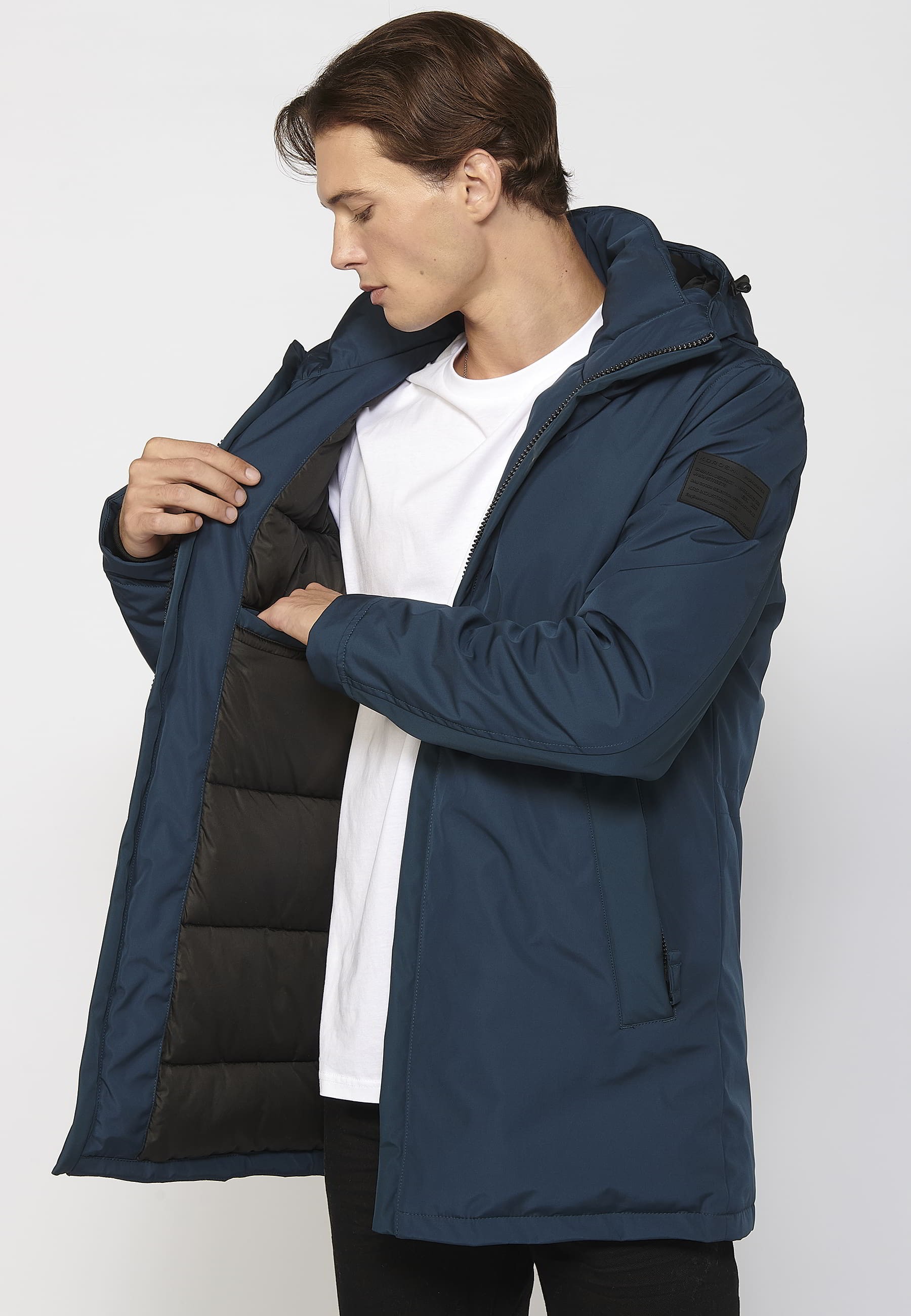 Abrigo parka de manga larga con cuello con capucha color azul para hombre | Ropa Casual