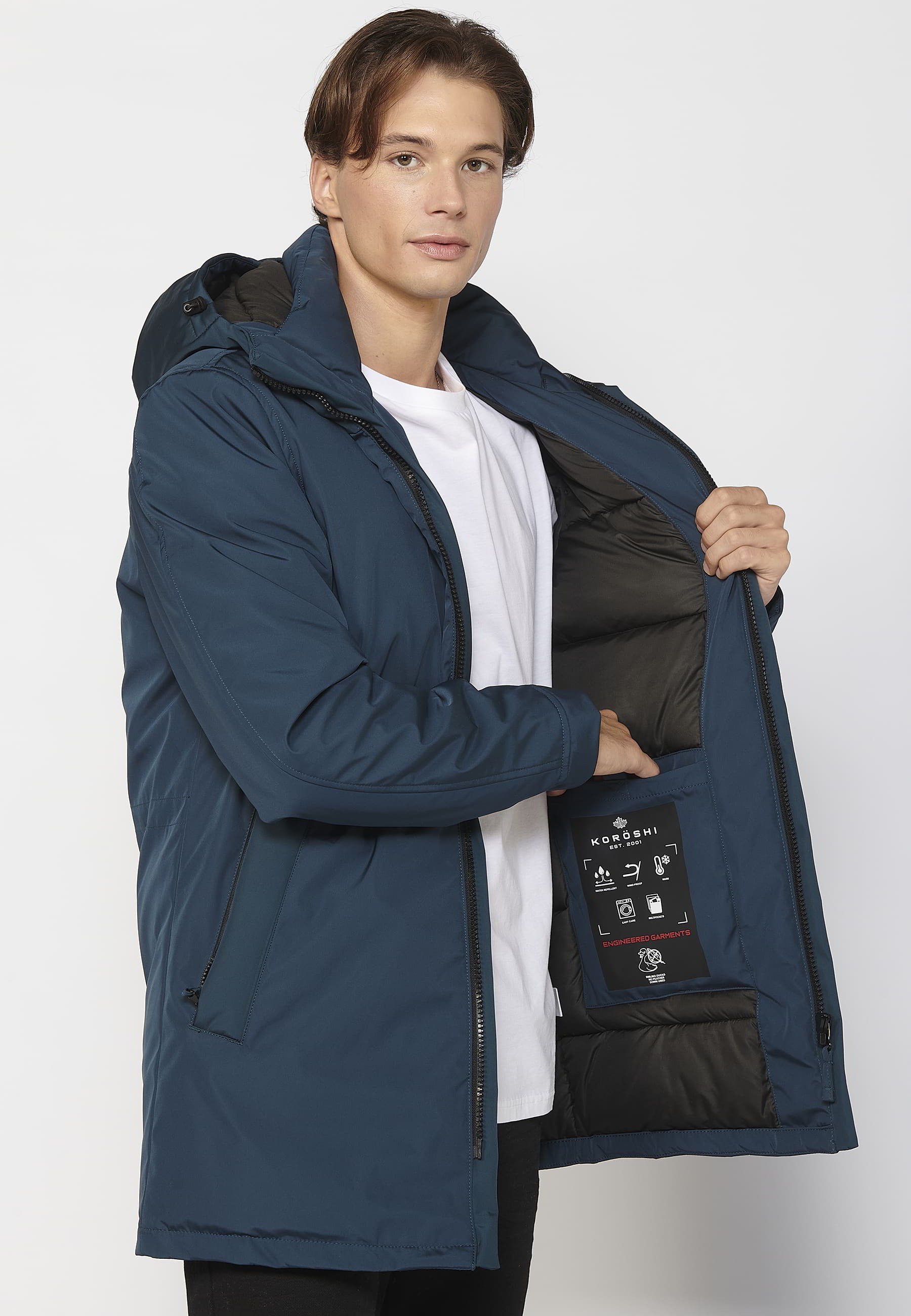 Abrigo parka de manga larga con cuello con capucha color azul para hombre | Ropa Casual