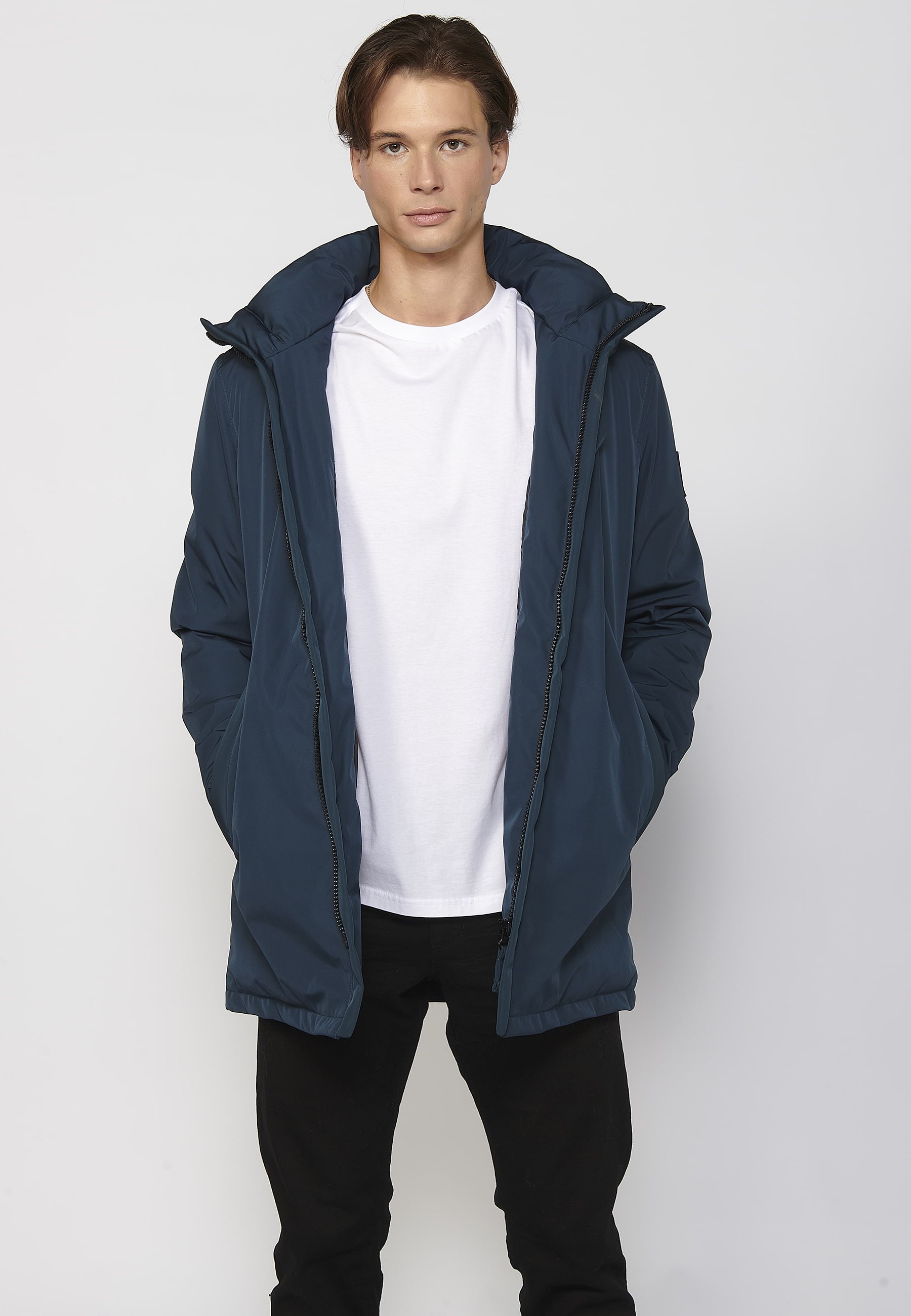 Abrigo parka de manga larga con cuello con capucha color azul para hombre | Ropa Casual