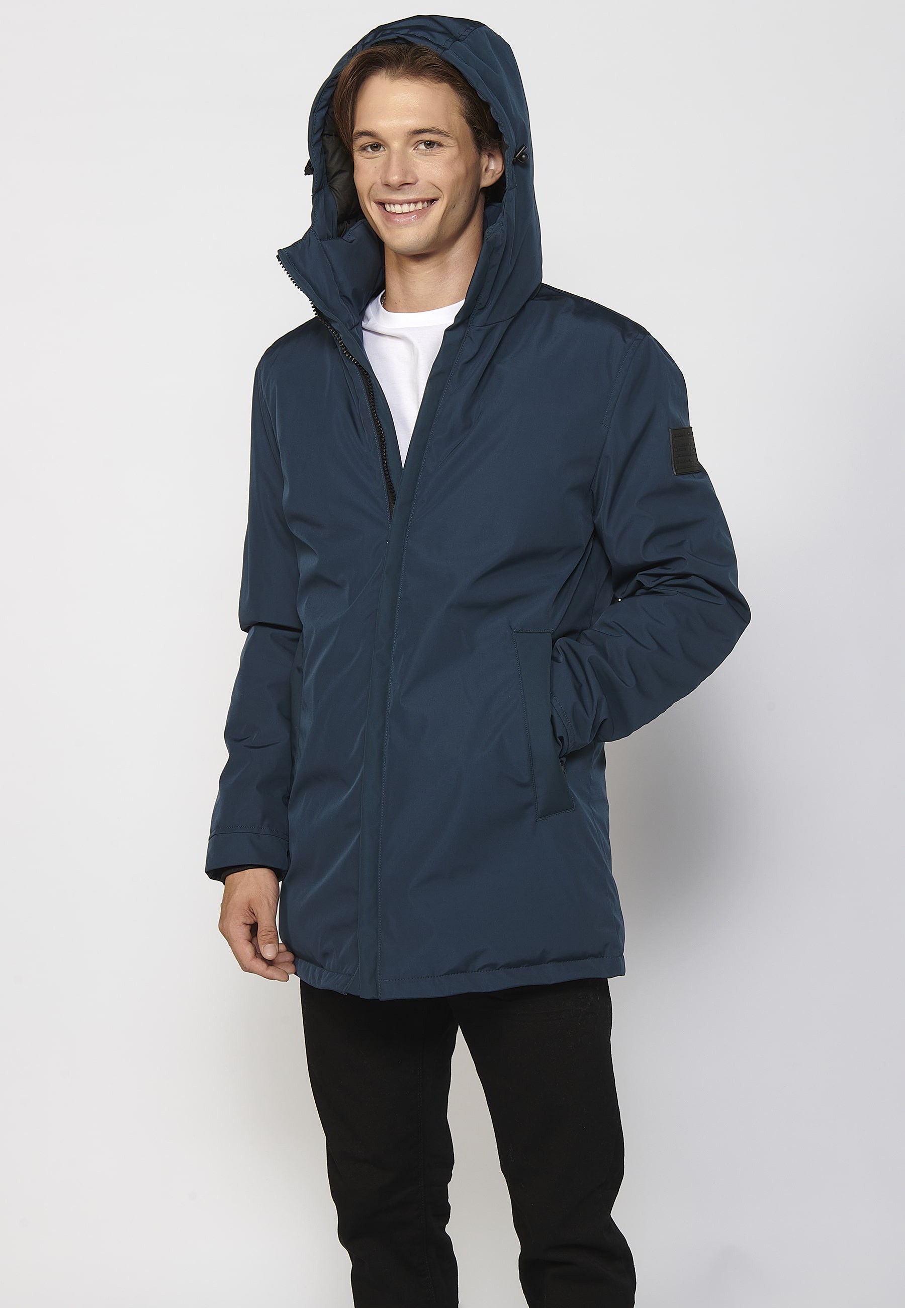 Abrigo parka de manga larga con cuello con capucha color azul para hombre | Ropa Casual