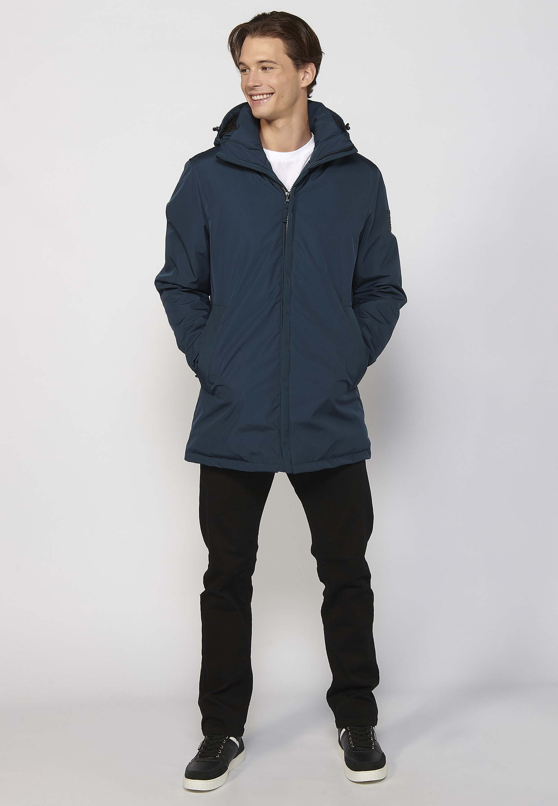 Abrigo parka de manga larga con cuello con capucha color azul para hombre | Ropa Casual