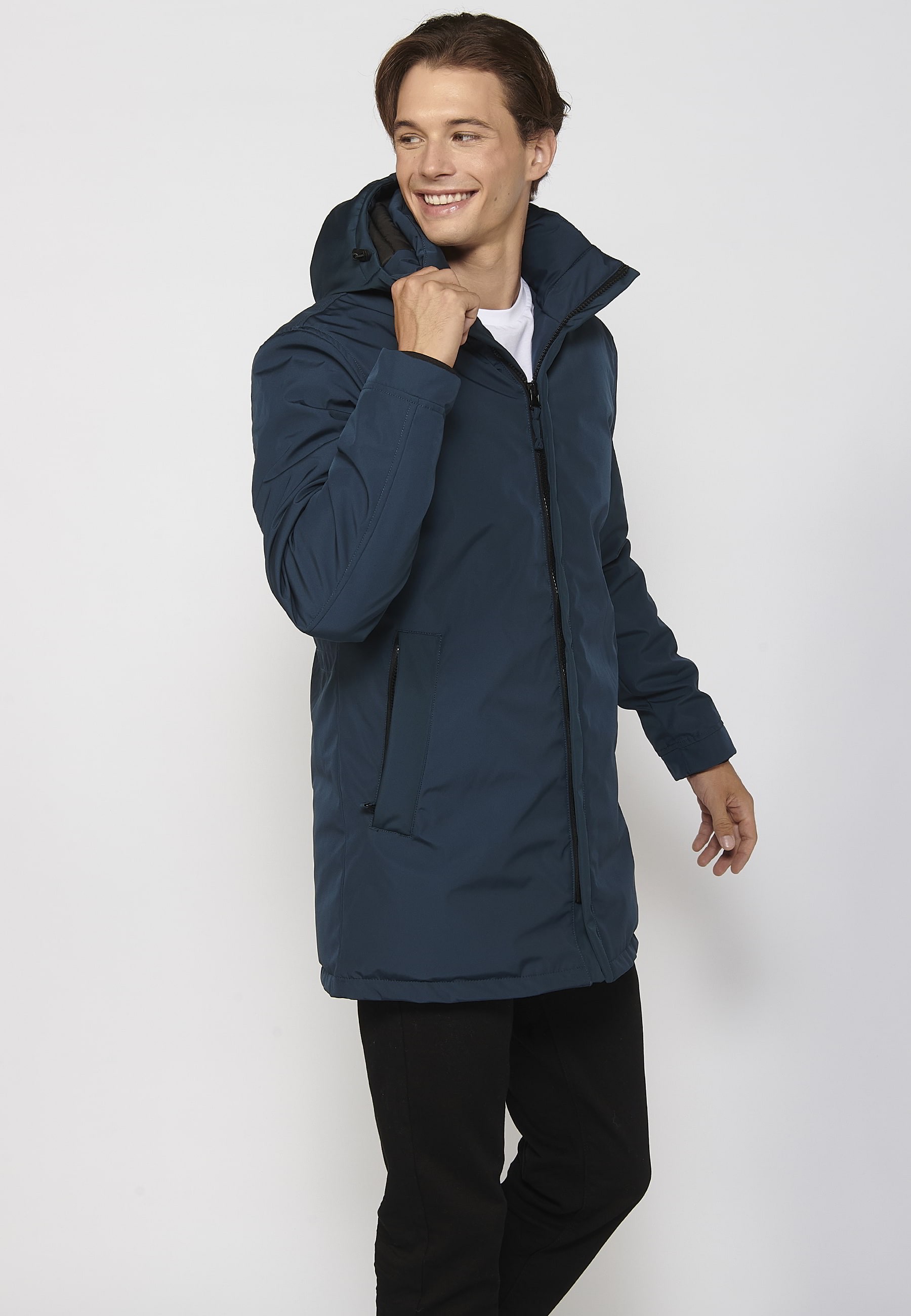 Abrigo parka de manga larga con cuello con capucha color azul para hombre | Ropa Casual