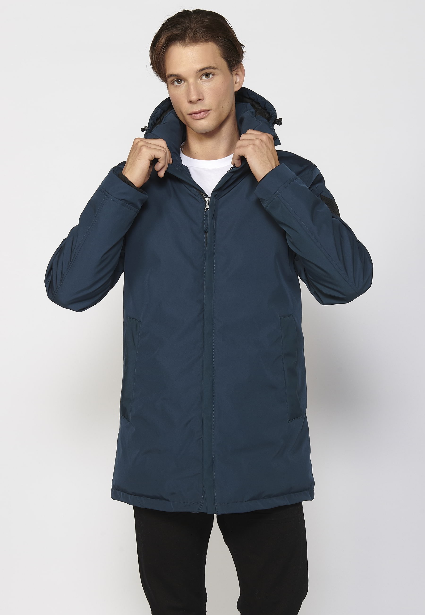 Abrigo parka de manga larga con cuello con capucha color azul para hombre | Ropa Casual