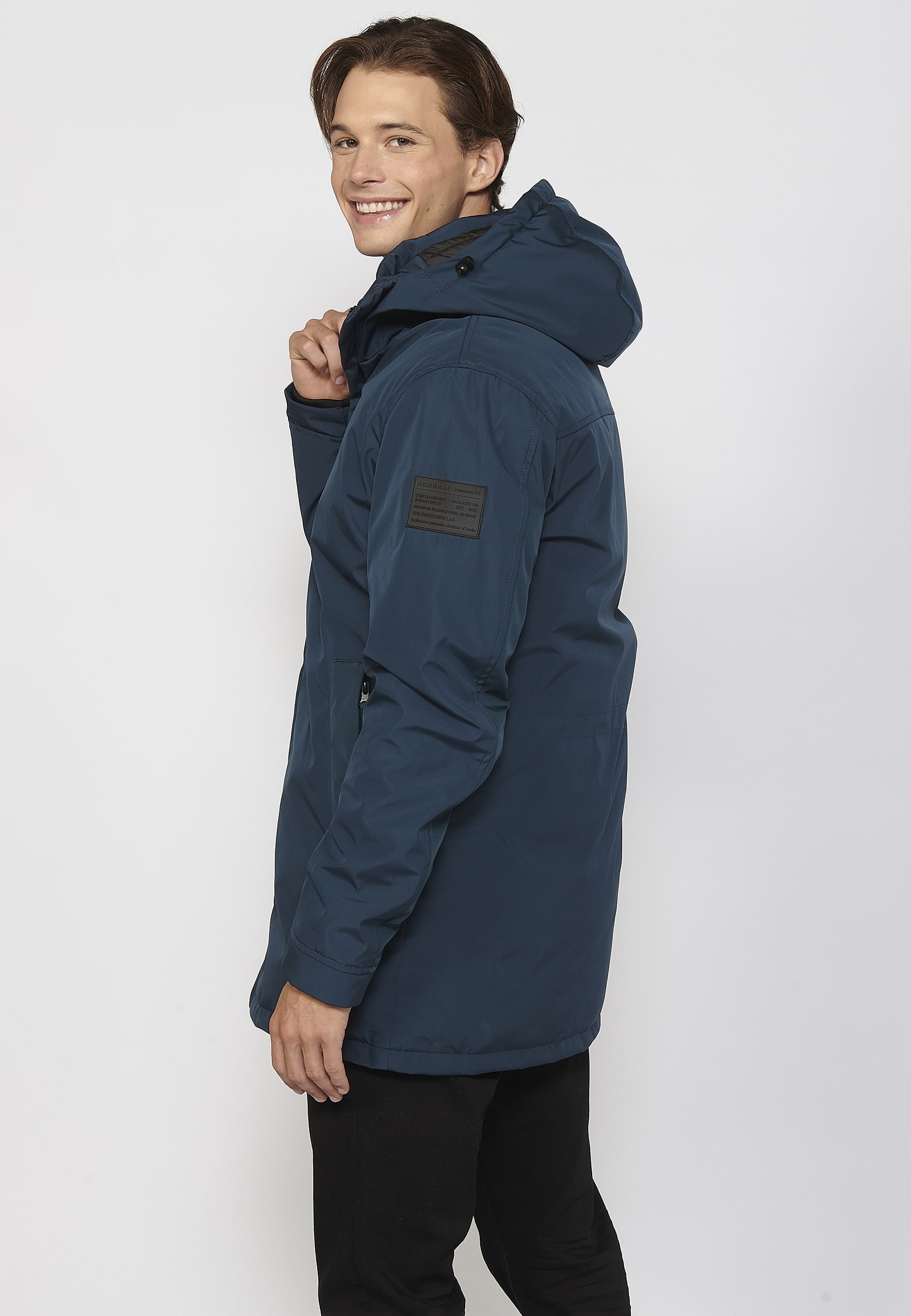 Abrigo parka de manga larga con cuello con capucha color azul para hombre | Ropa Casual