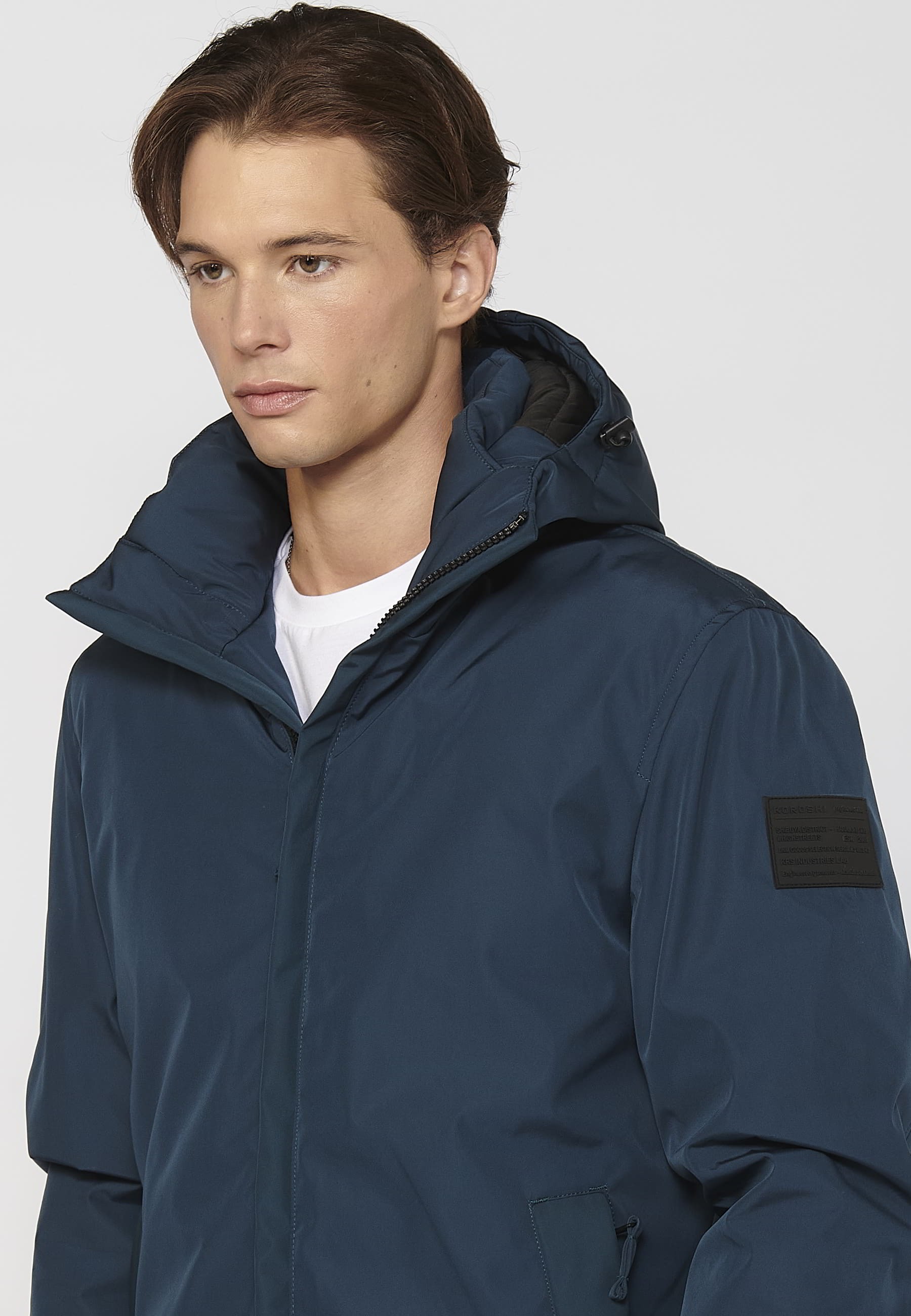 Abrigo parka de manga larga con cuello con capucha color azul para hombre | Ropa Casual