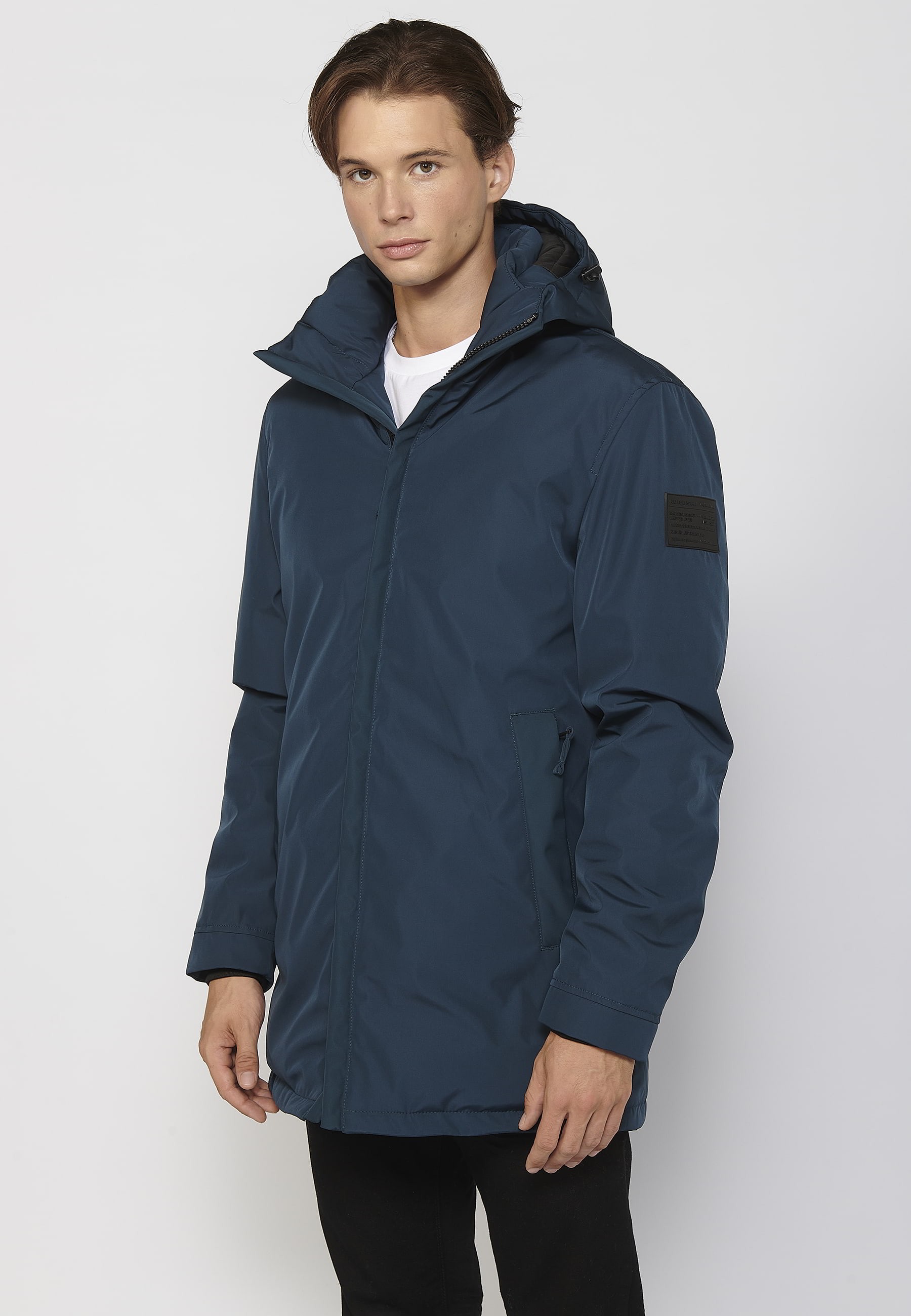 Abrigo parka de manga larga con cuello con capucha color azul para hombre | Ropa Casual