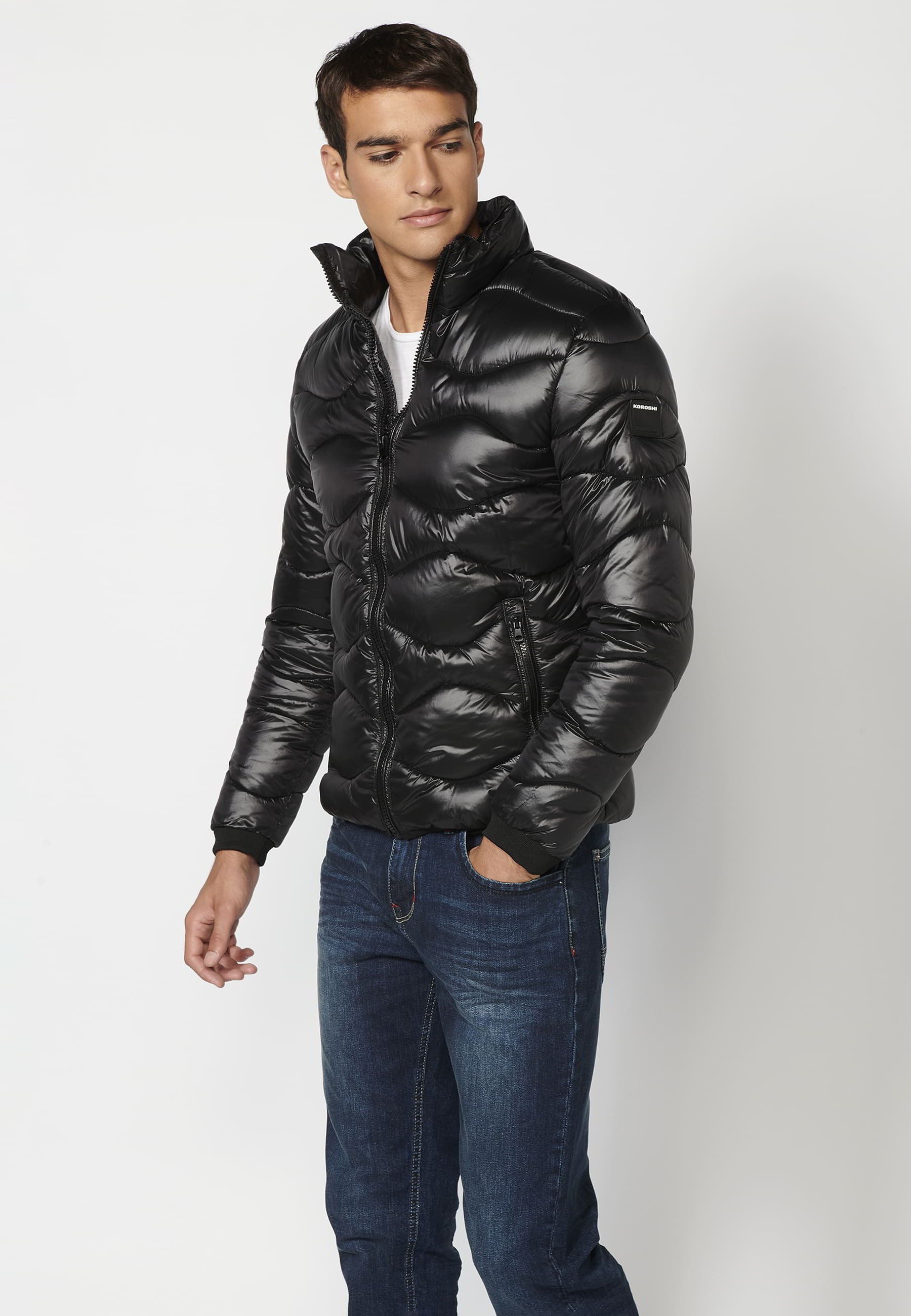 Parka cazadora acolchada, con capucha, color Negro, para Hombres