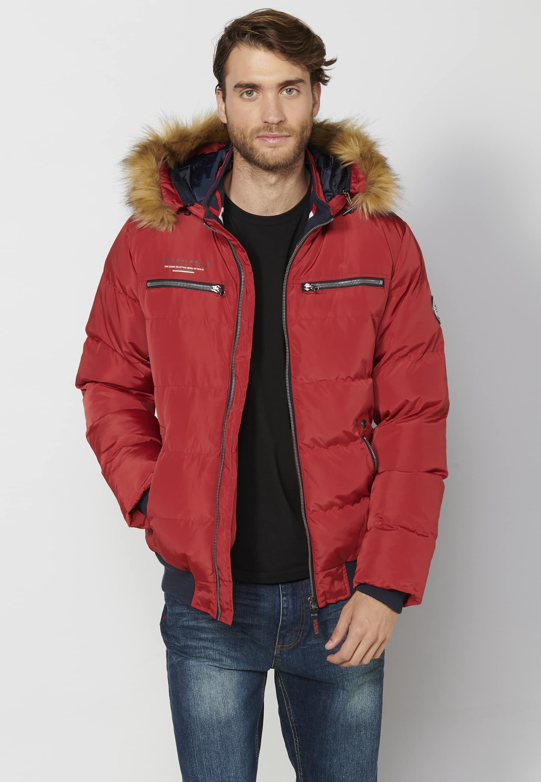 Chaqueta cazadora acolchada, cuello con capucha pelo sintético, color rojo, para hombre | Ropa Casual 9
