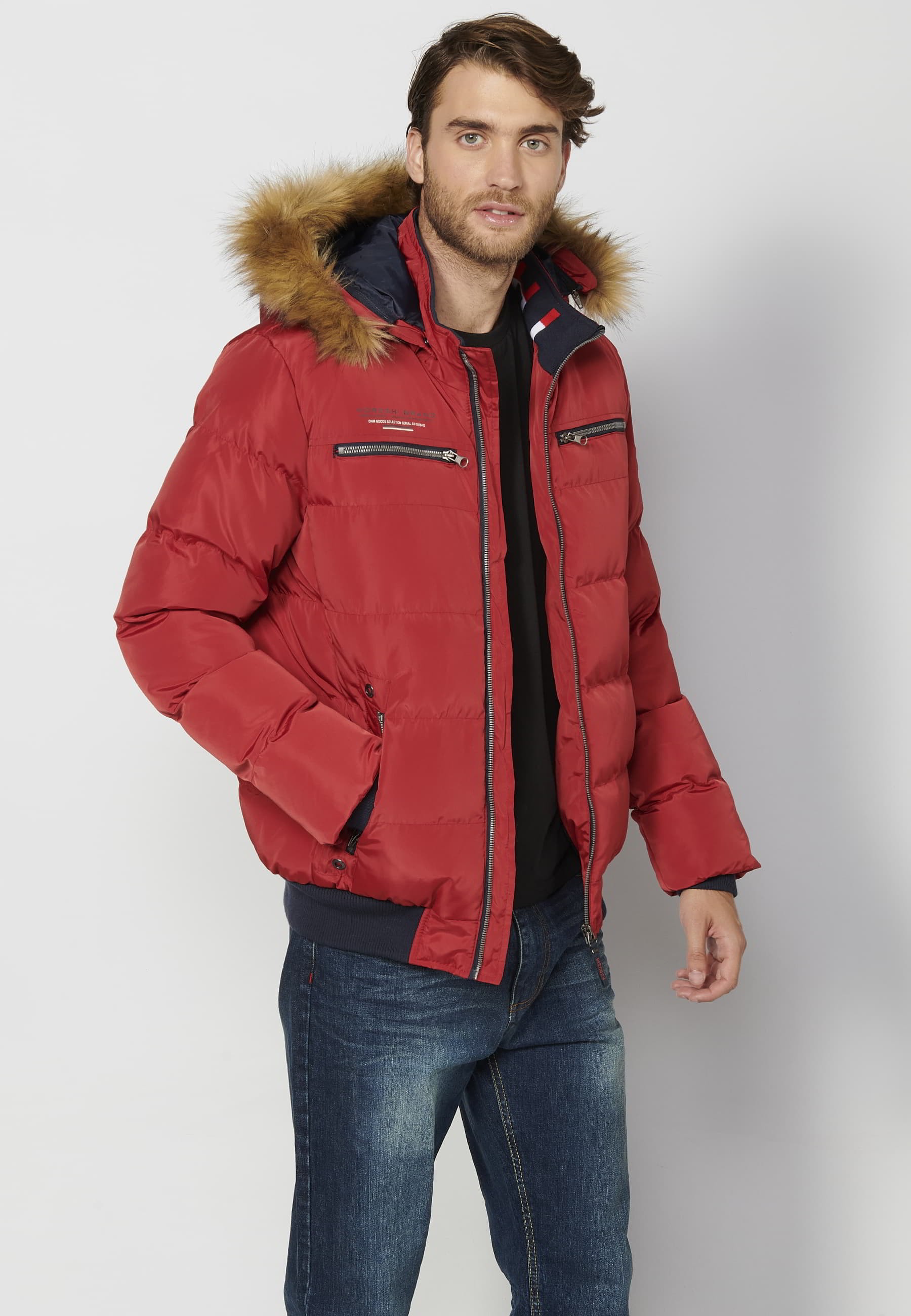 Chaqueta cazadora acolchada, cuello con capucha pelo sintético, color rojo, para hombre | Ropa Casual 7