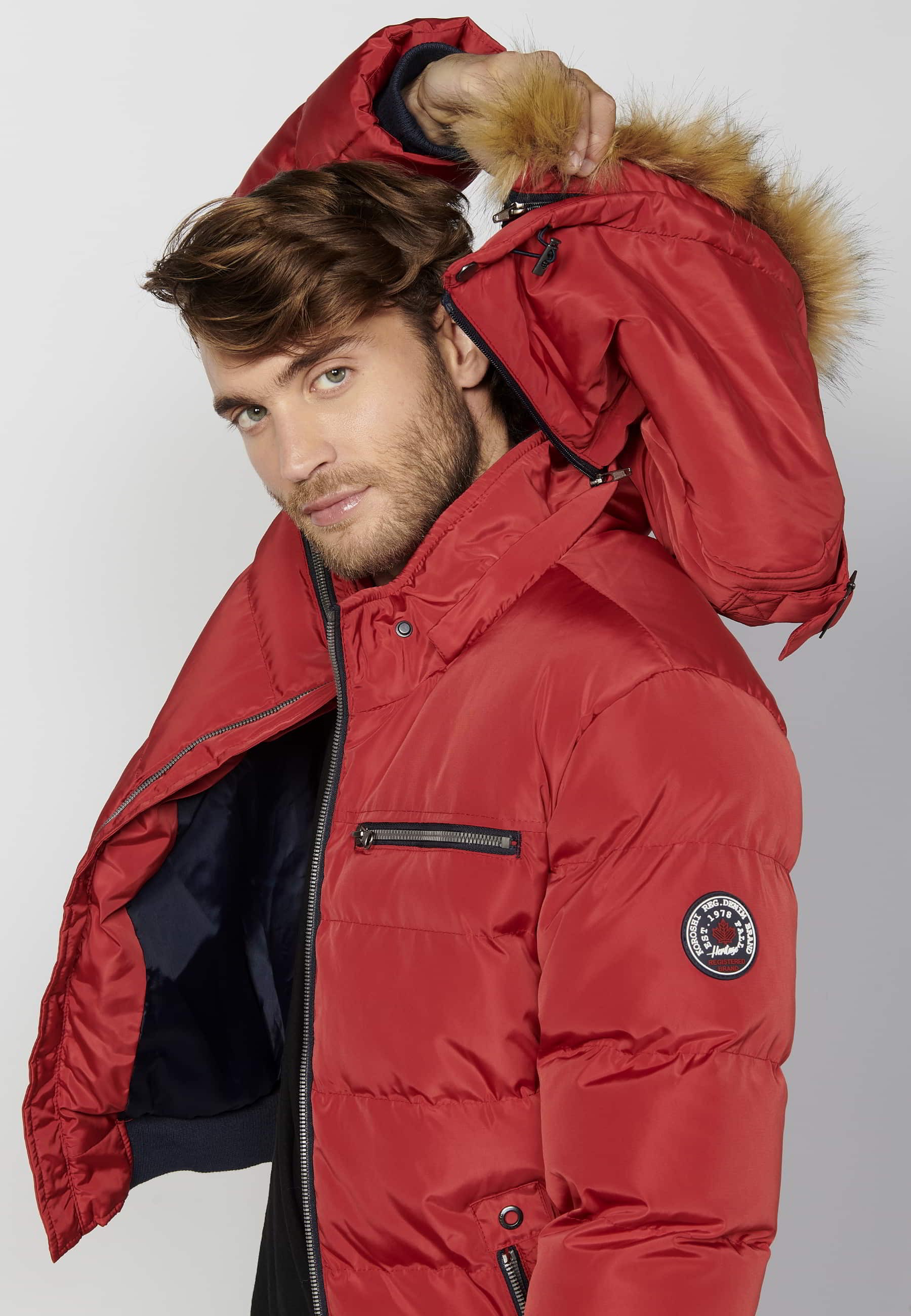 Chaqueta cazadora acolchada, cuello con capucha pelo sintético, color rojo, para hombre | Ropa Casual 6