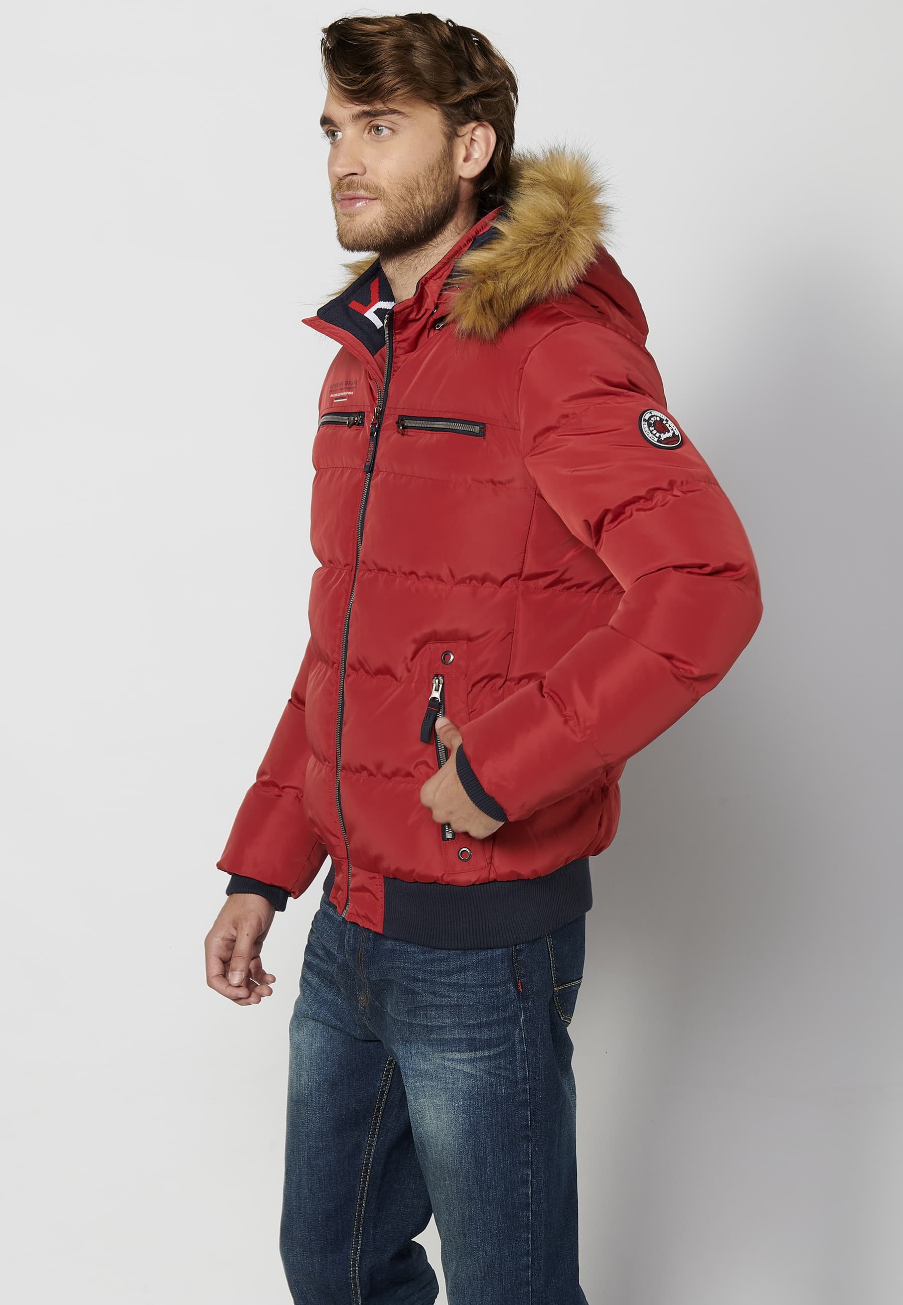 Chaqueta cazadora acolchada, cuello con capucha pelo sintético, color rojo, para hombre | Ropa Casual