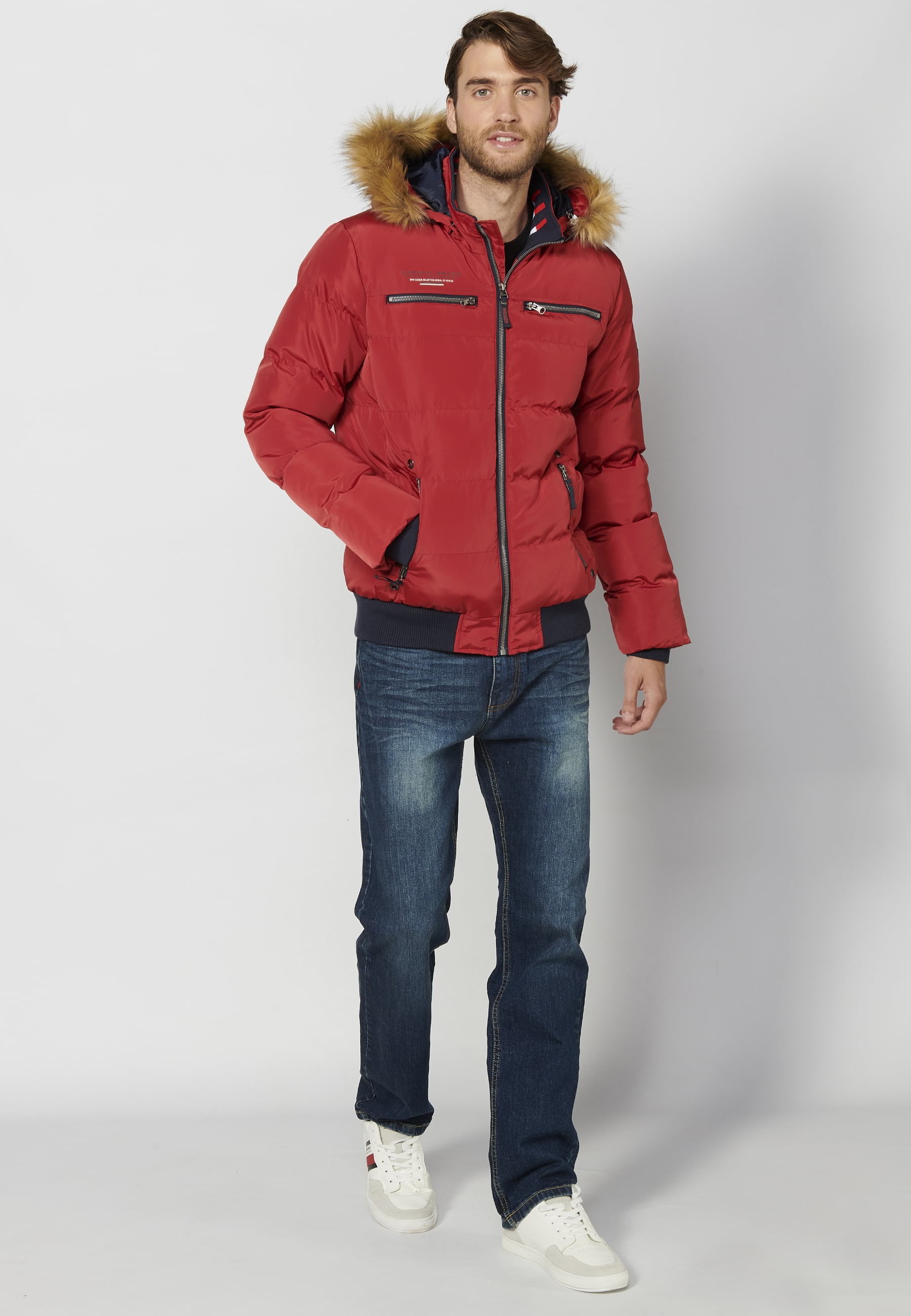 Chaqueta cazadora acolchada, cuello con capucha pelo sintético, color rojo, para hombre | Ropa Casual 4