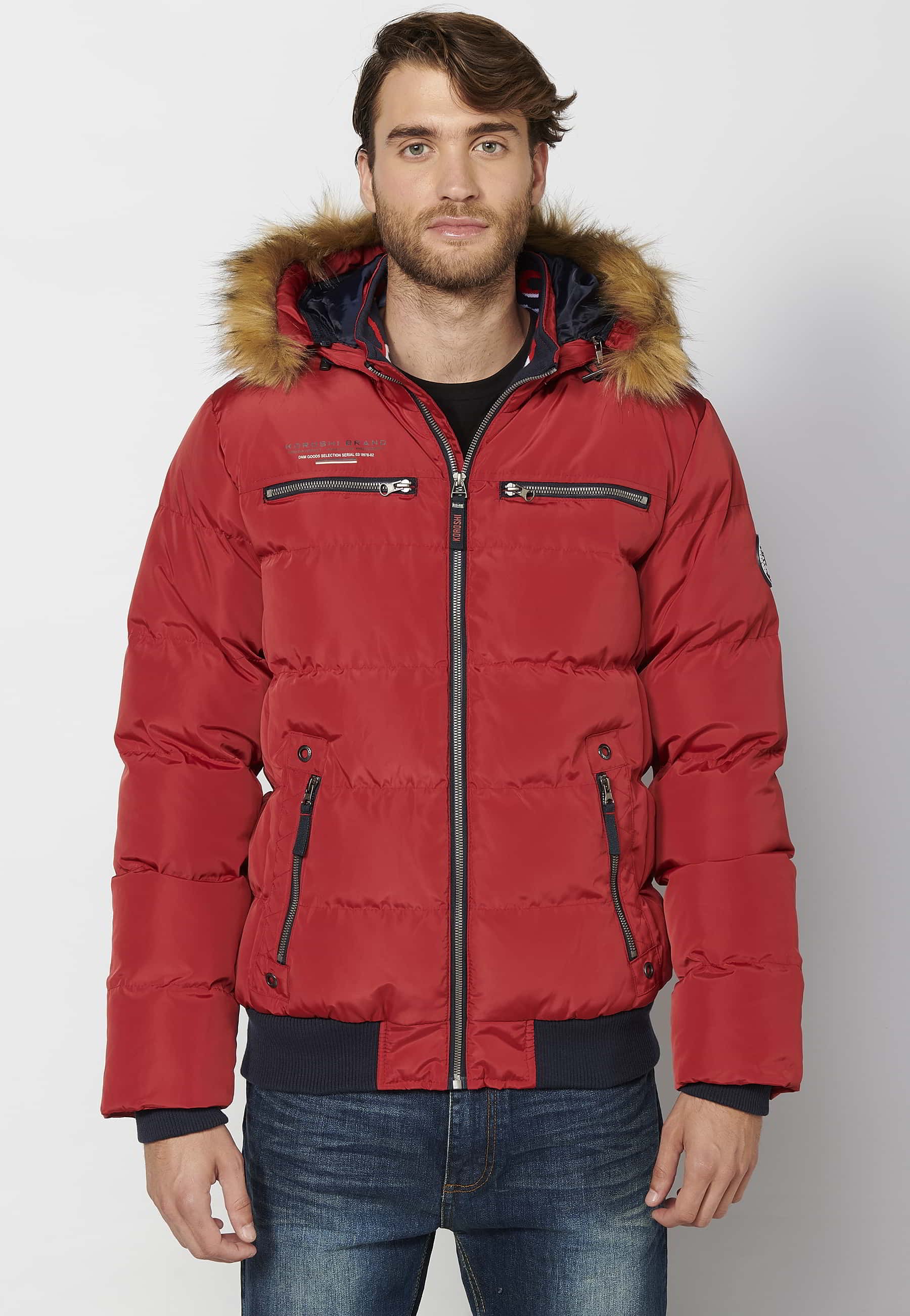 Chaqueta cazadora acolchada, cuello con capucha pelo sintético, color rojo, para hombre | Ropa Casual 2