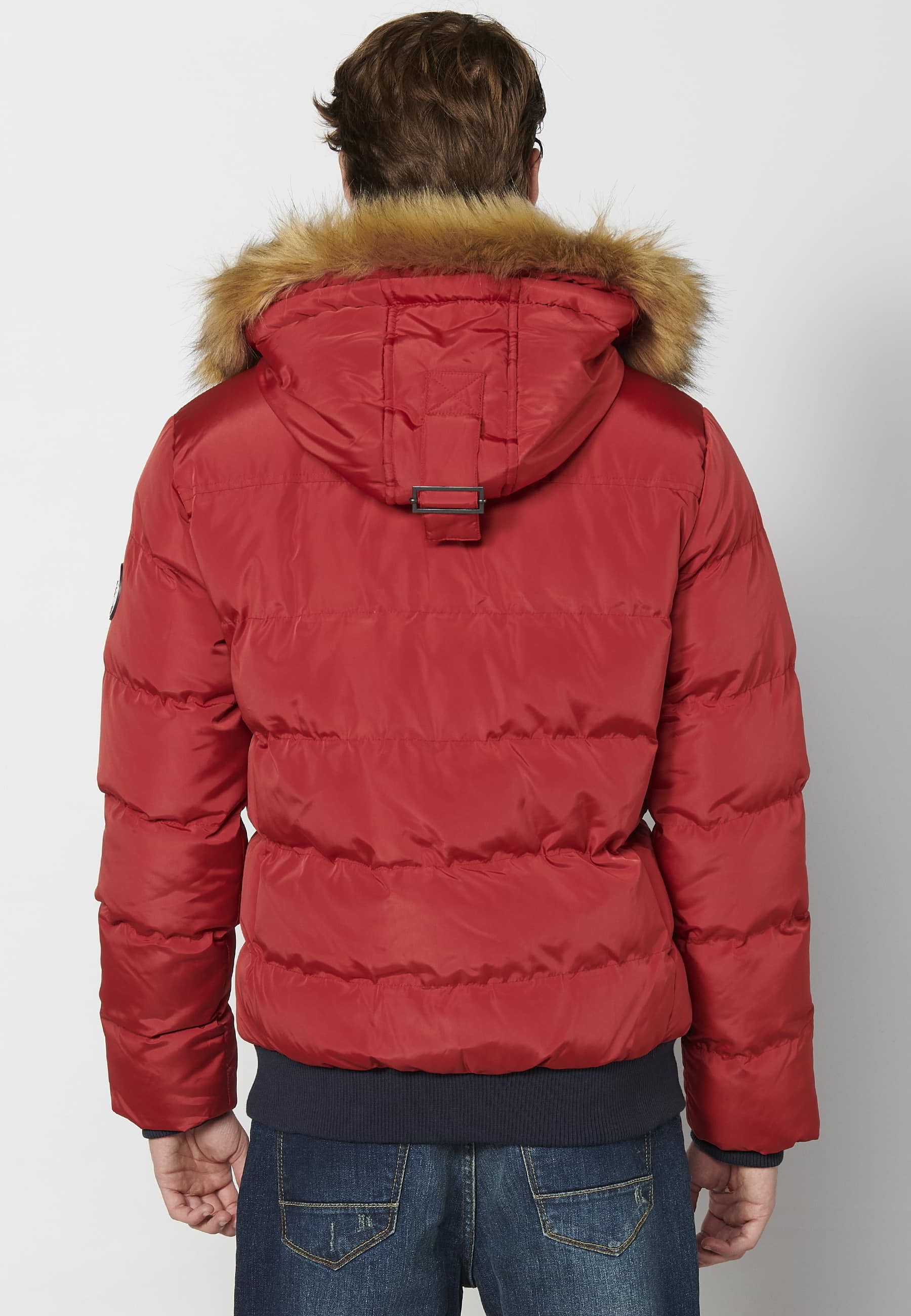 Chaqueta cazadora acolchada, cuello con capucha pelo sintético, color rojo, para hombre | Ropa Casual 1