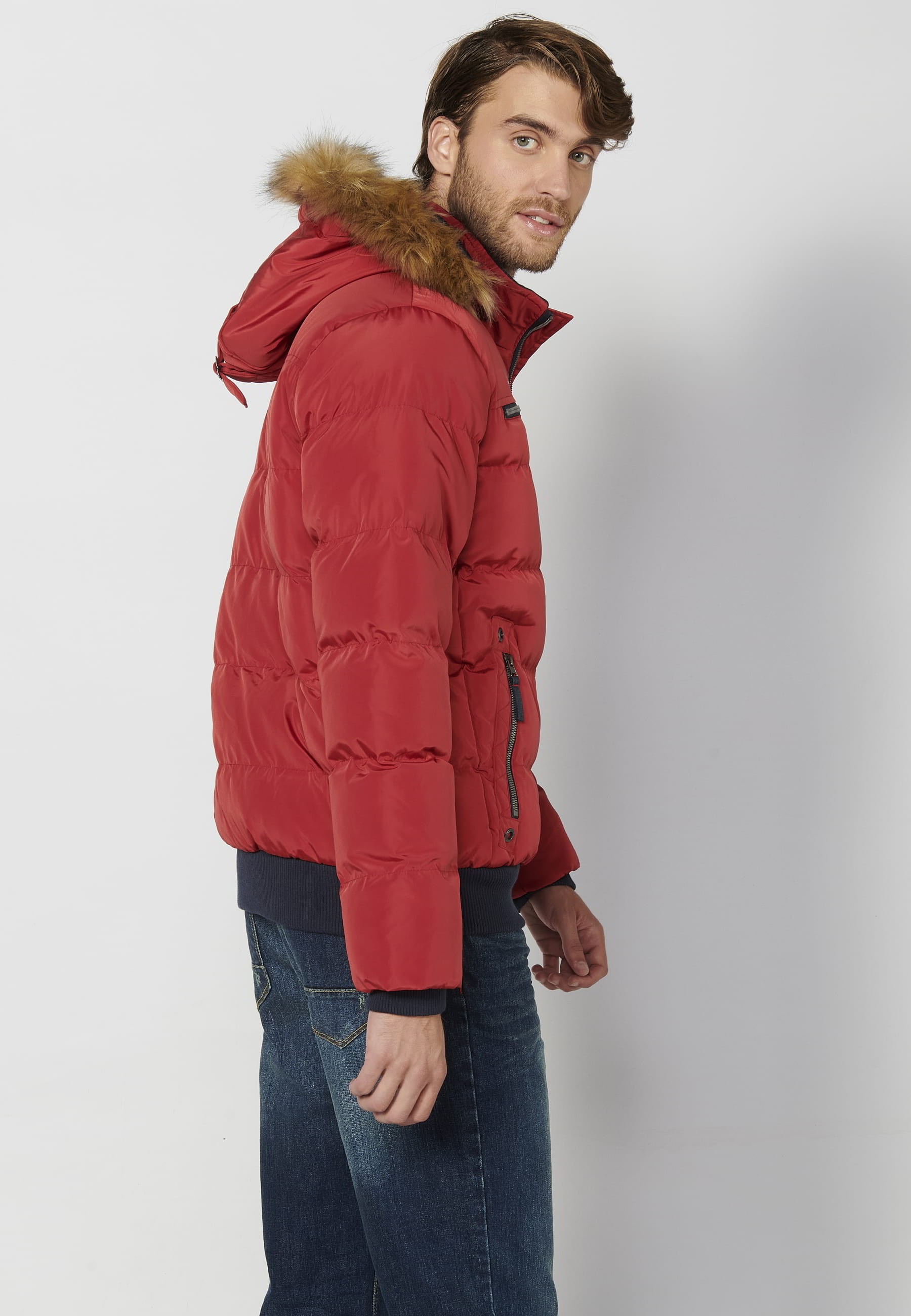 Chaqueta cazadora acolchada, cuello con capucha pelo sintético, color rojo, para hombre | Ropa Casual 5