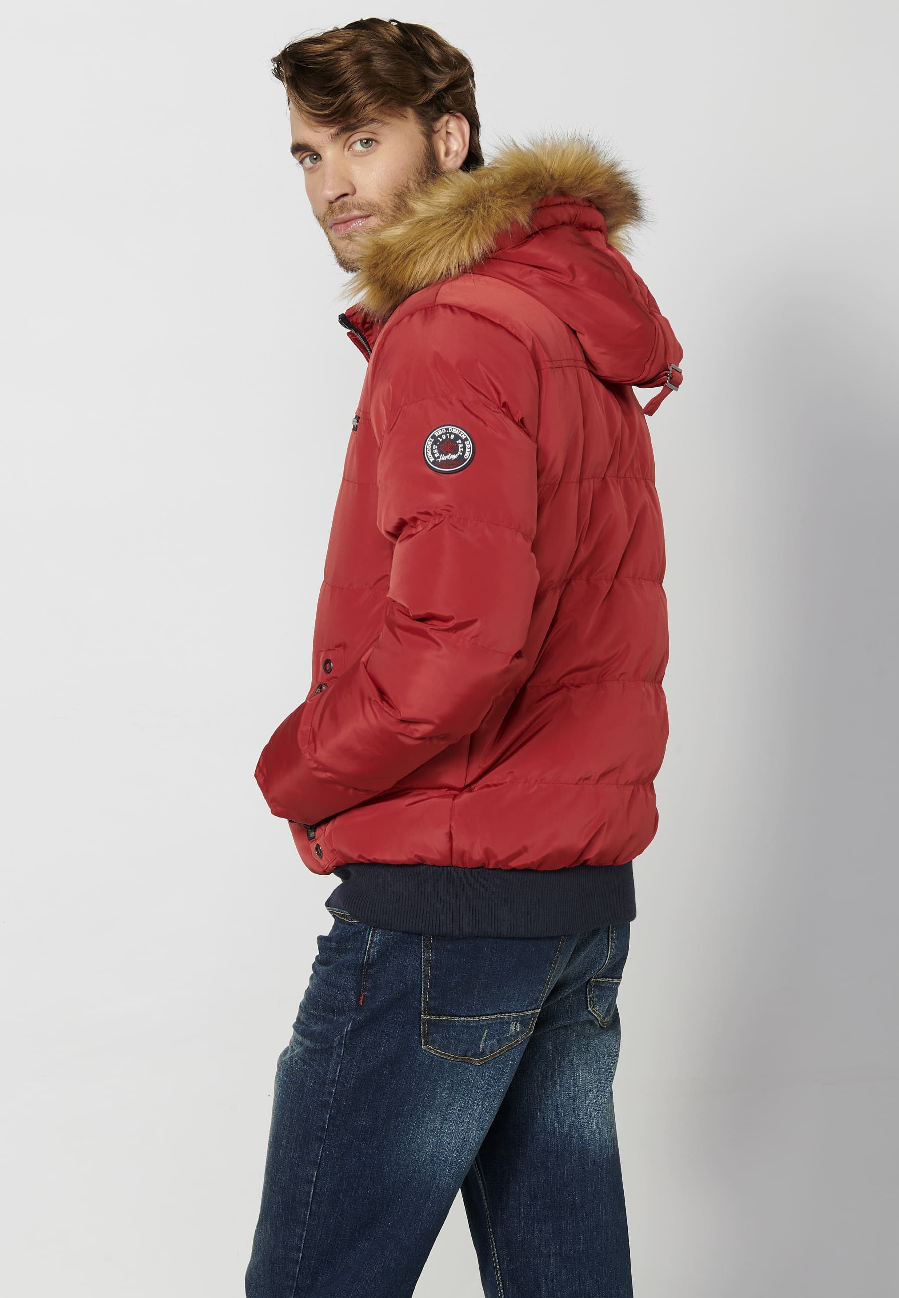 Chaqueta cazadora acolchada, cuello con capucha pelo sintético, color rojo, para hombre | Ropa Casual 3