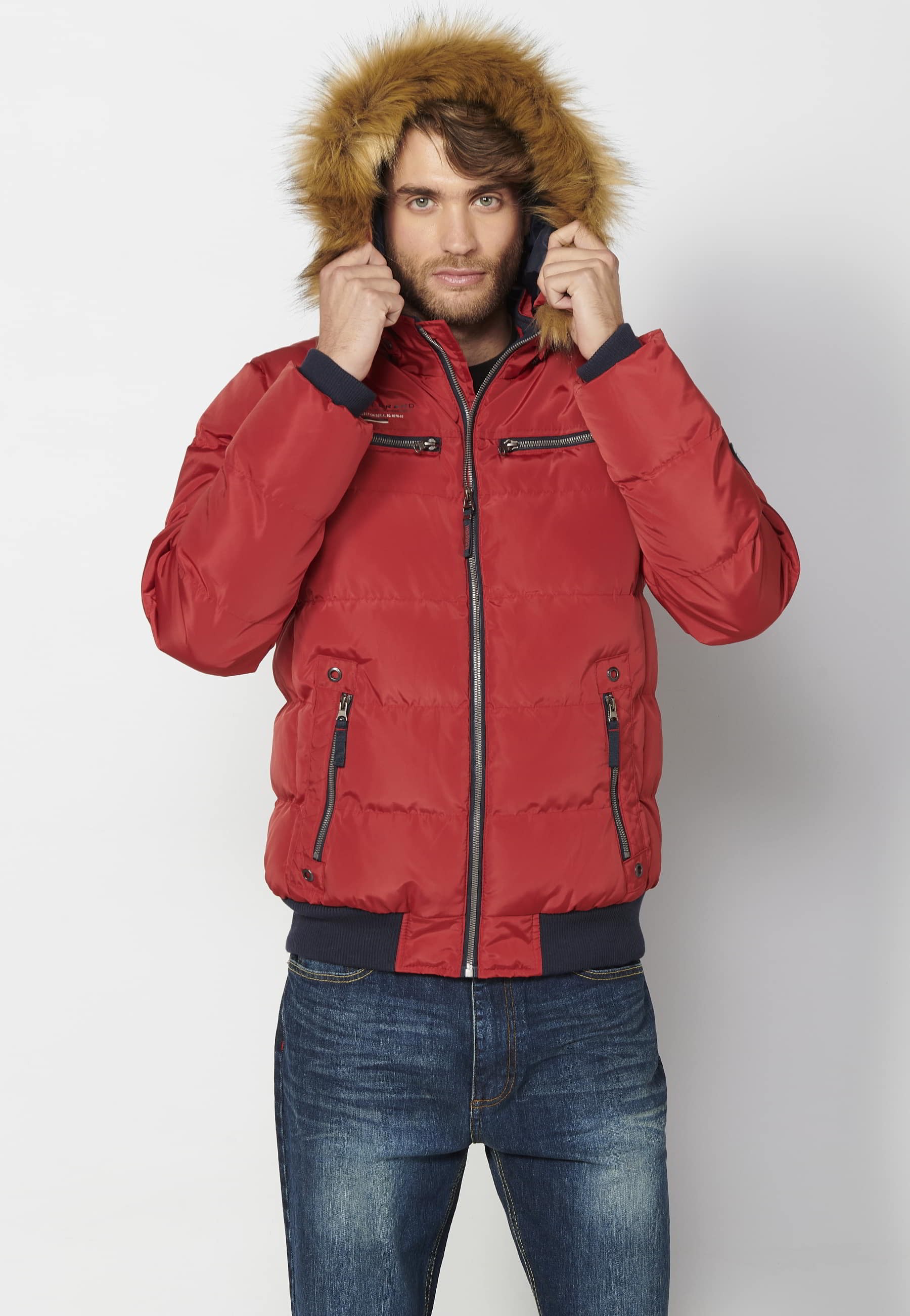 Chaqueta cazadora acolchada, cuello con capucha pelo sintético, color rojo, para hombre | Ropa Casual 8