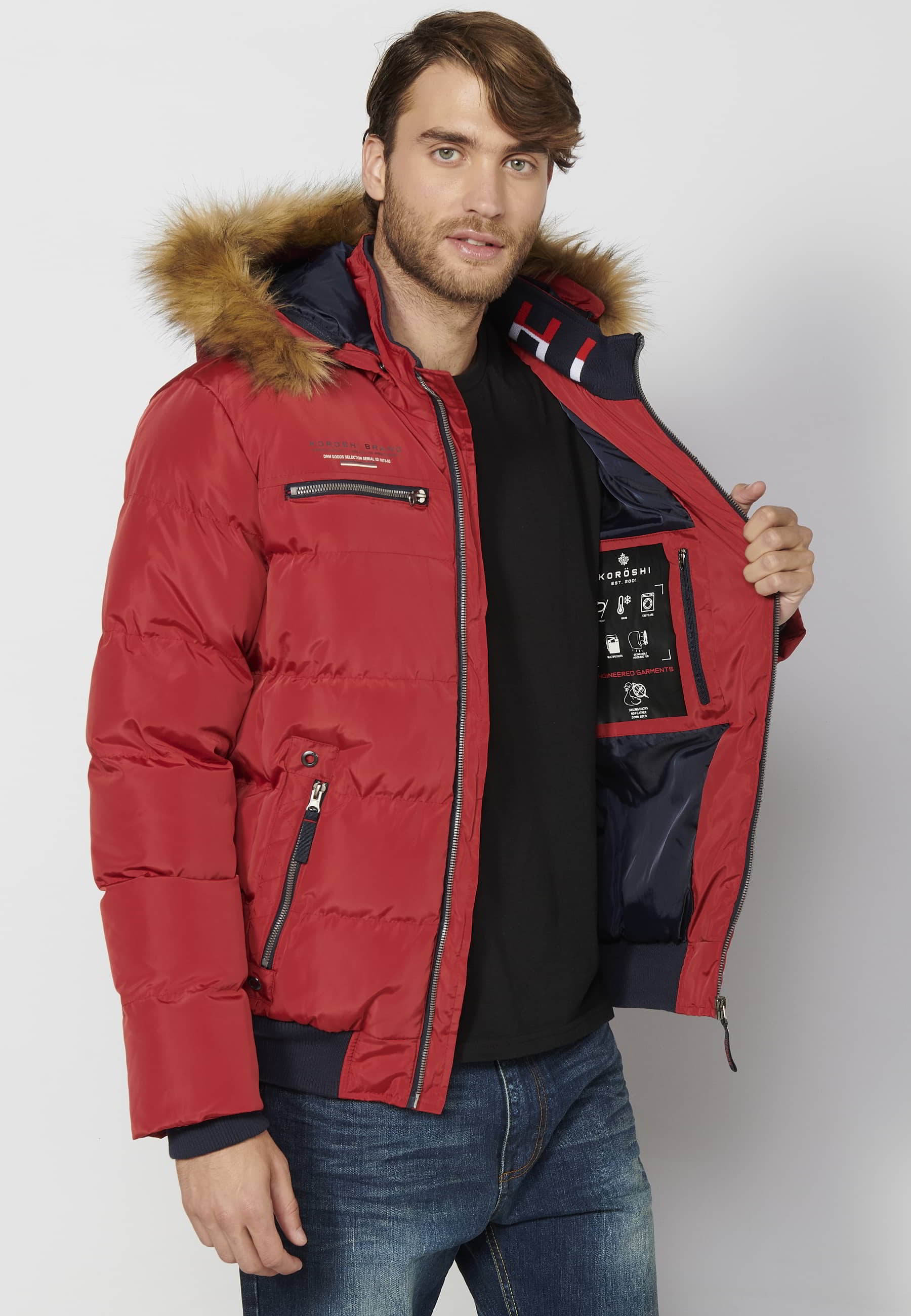 Chaqueta cazadora acolchada, cuello con capucha pelo sintético, color rojo, para hombre | Ropa Casual 10