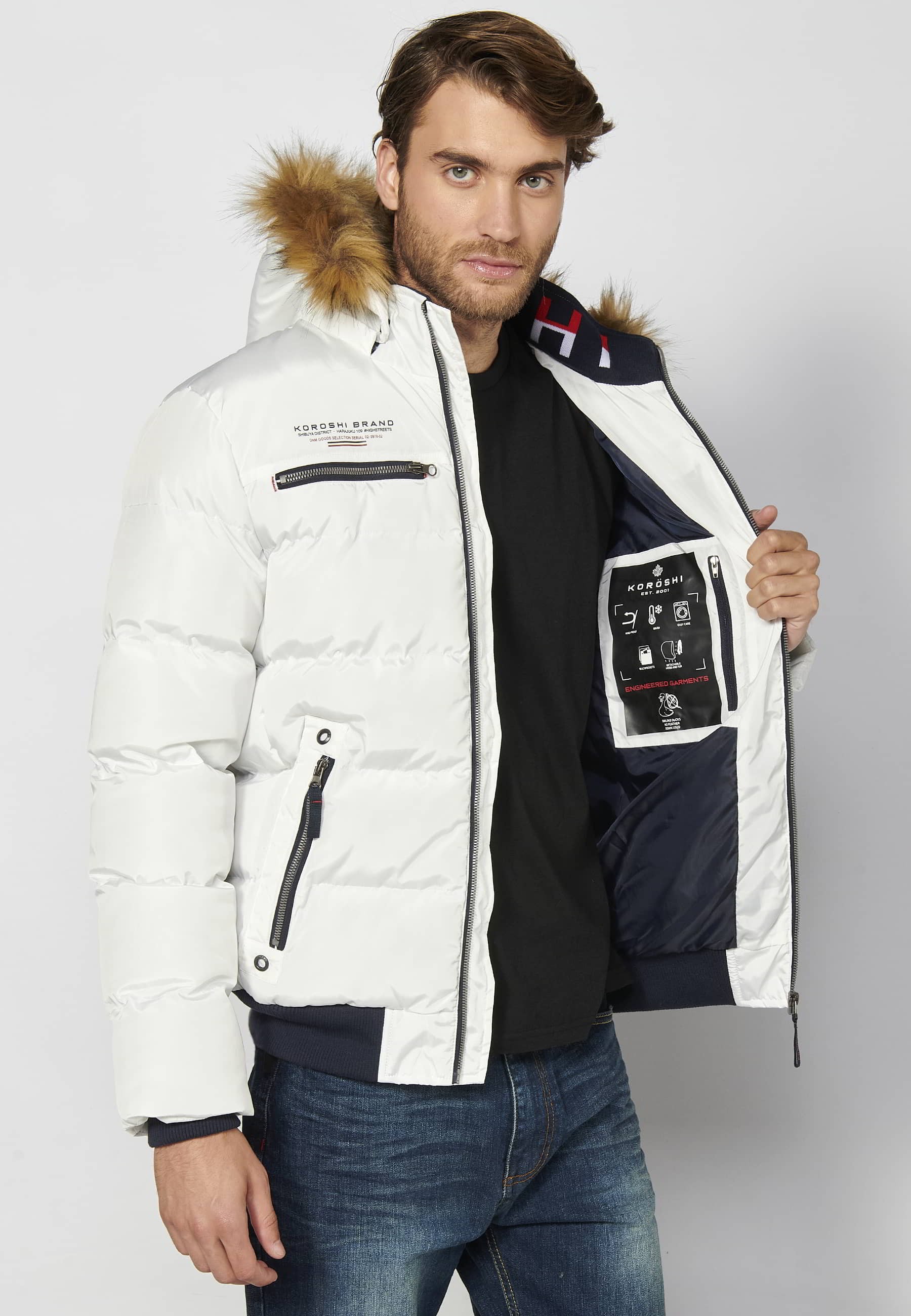 Chaqueta cazadora acolchada abrigo, cuello con capucha pelo sintético, color crudo, para hombre | Ropa Casual 10