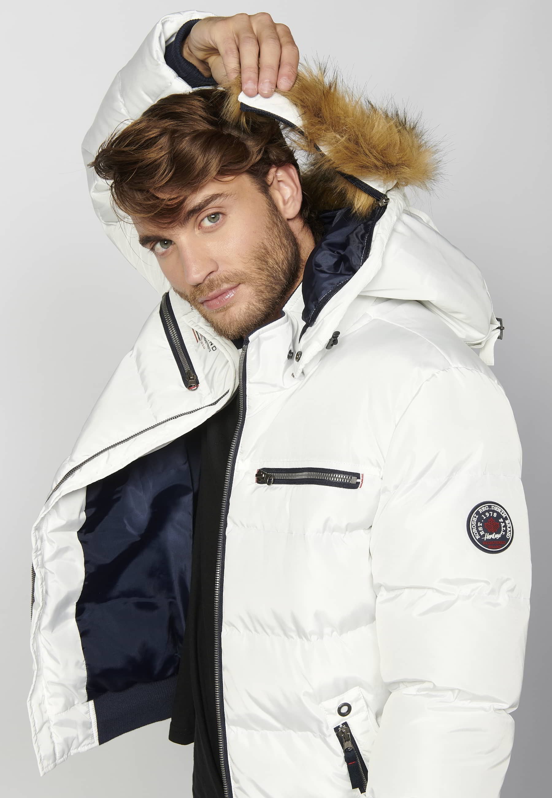 Chaqueta cazadora acolchada abrigo, cuello con capucha pelo sintético, color crudo, para hombre | Ropa Casual 9