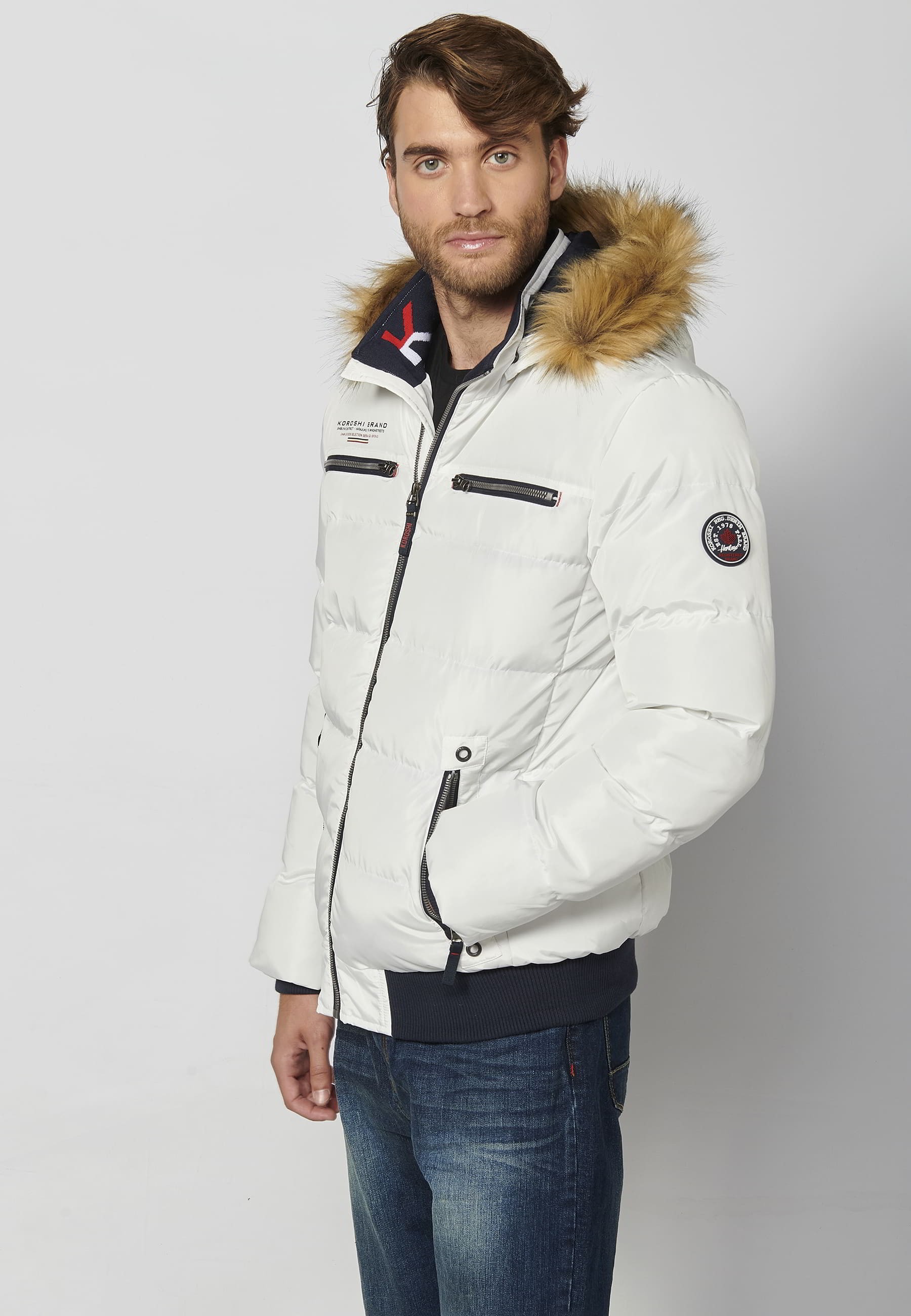 Chaqueta cazadora acolchada abrigo, cuello con capucha pelo sintético, color crudo, para hombre | Ropa Casual 5