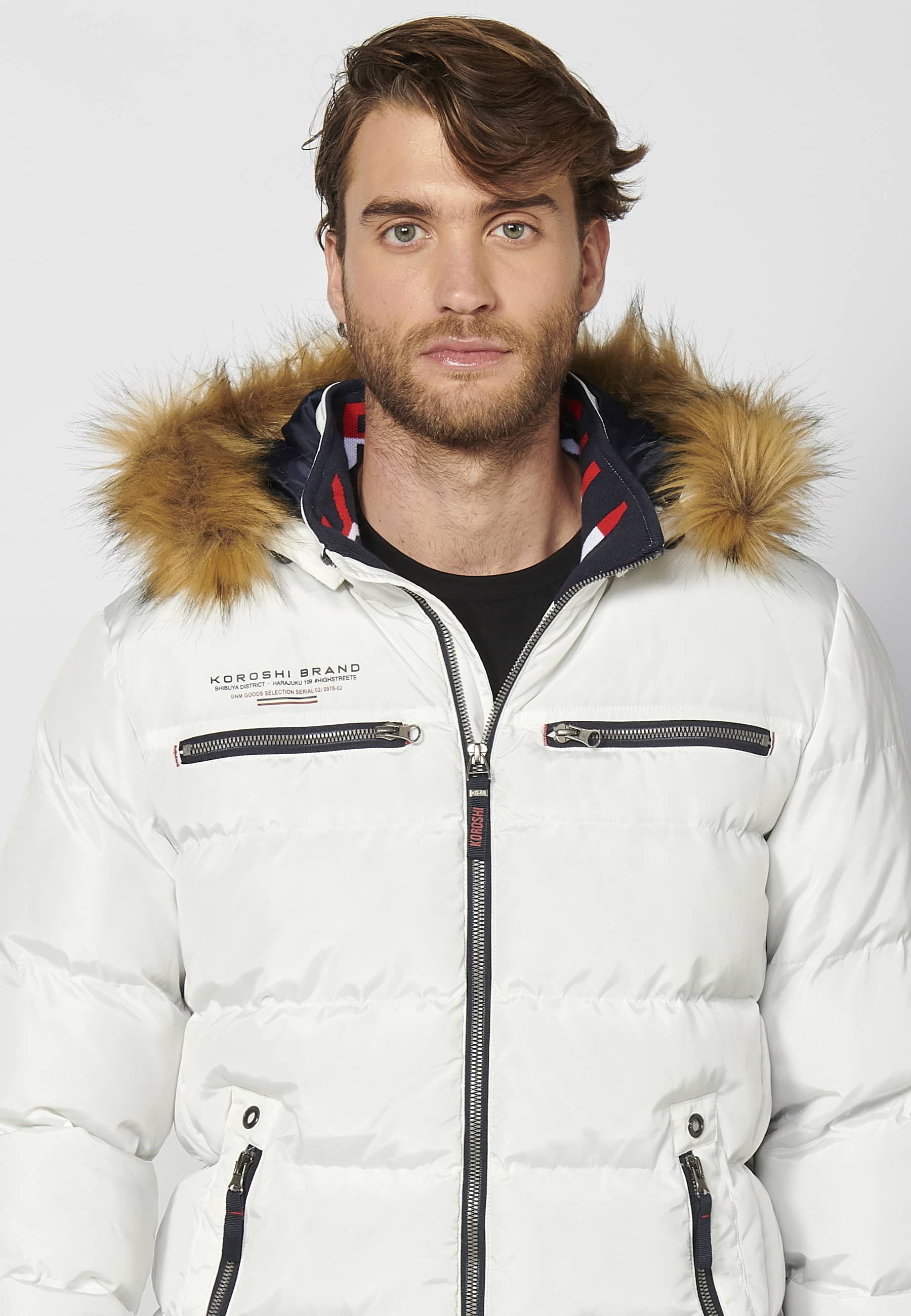 Chaqueta cazadora acolchada abrigo, cuello con capucha pelo sintético, color crudo, para hombre | Ropa Casual 7