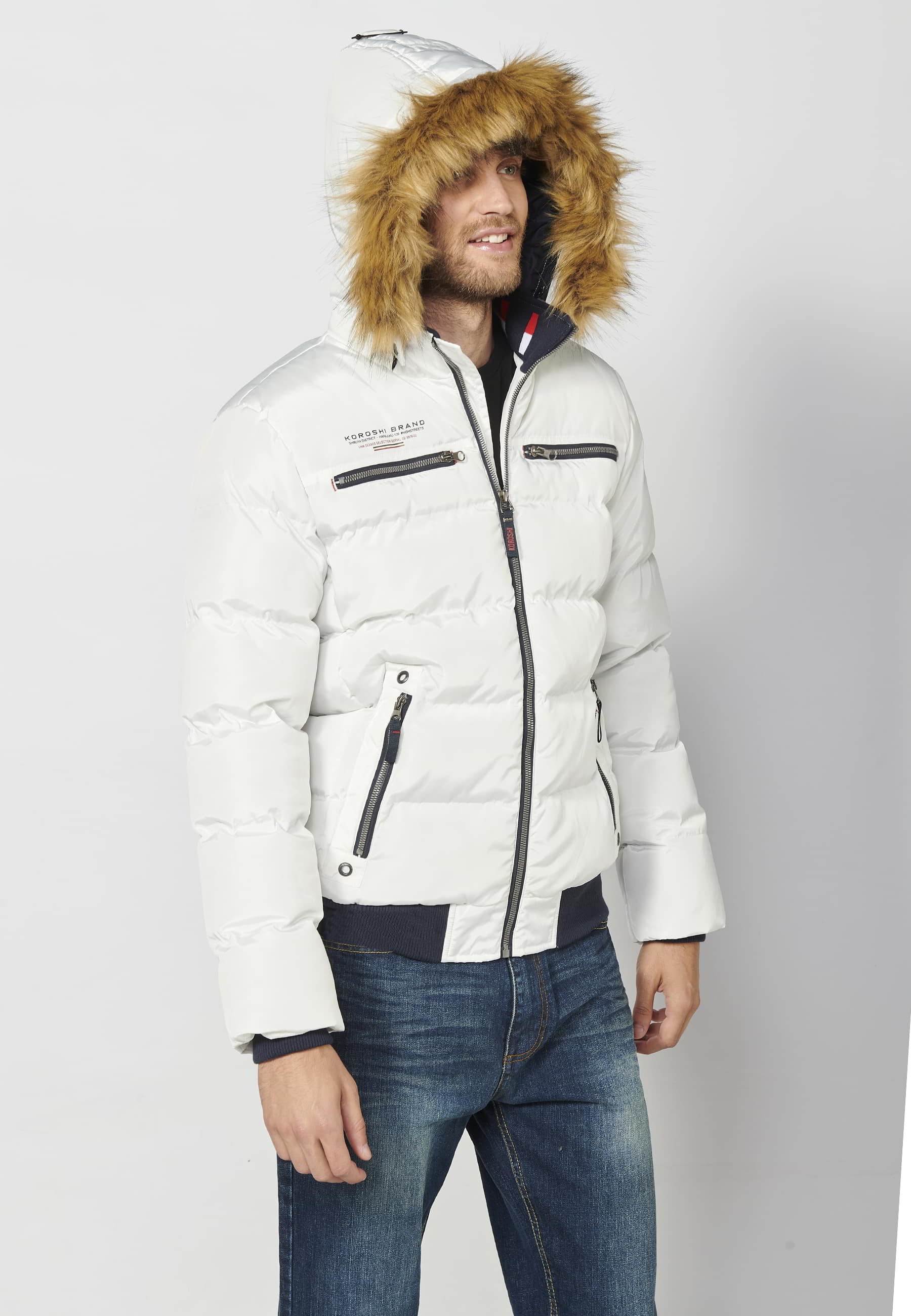 Chaqueta cazadora acolchada abrigo, cuello con capucha pelo sintético, color crudo, para hombre | Ropa Casual 12