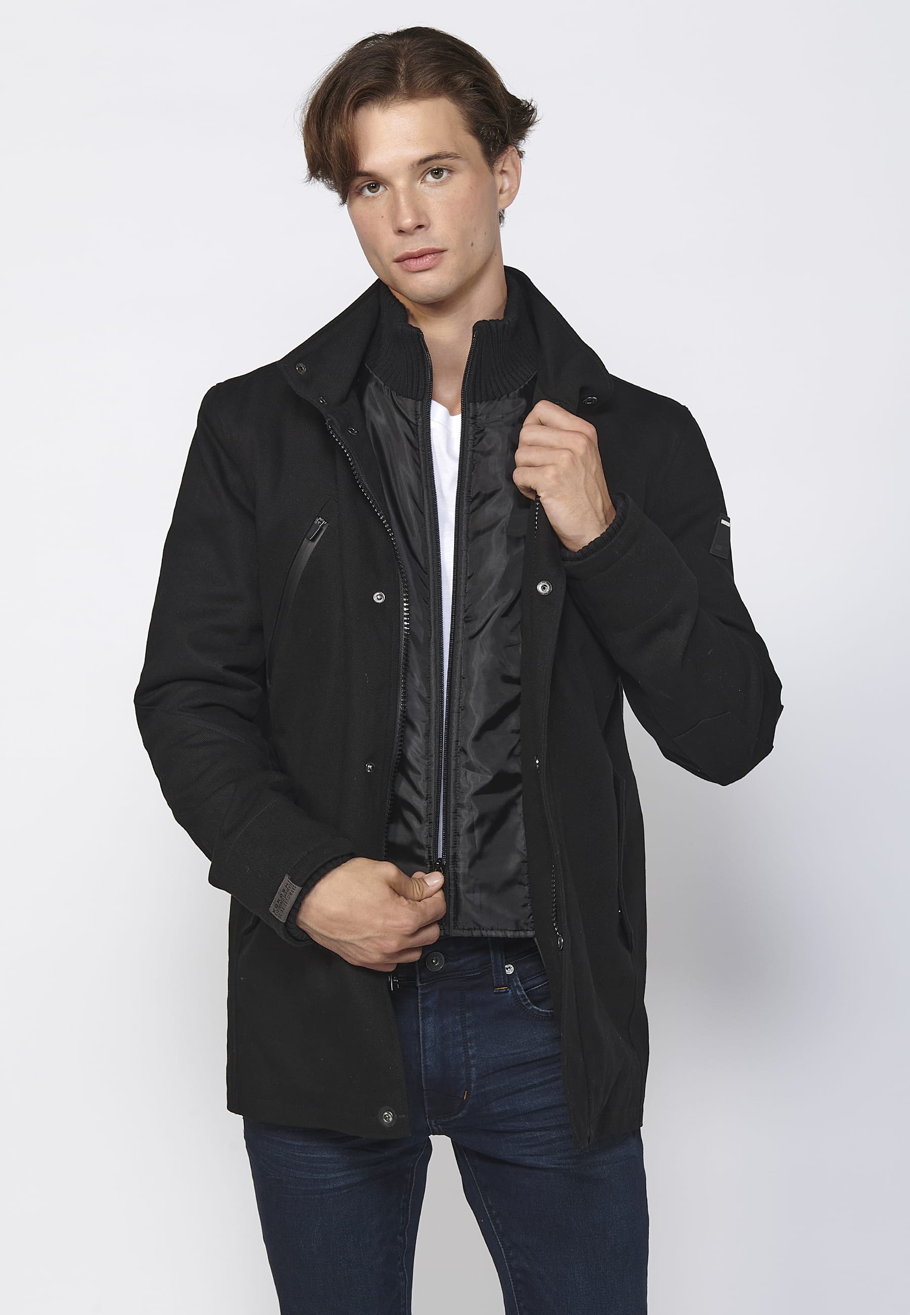 Abrigo largo con cierre delantero con cremallera y solapa color negro para hombre | Ropa Casual