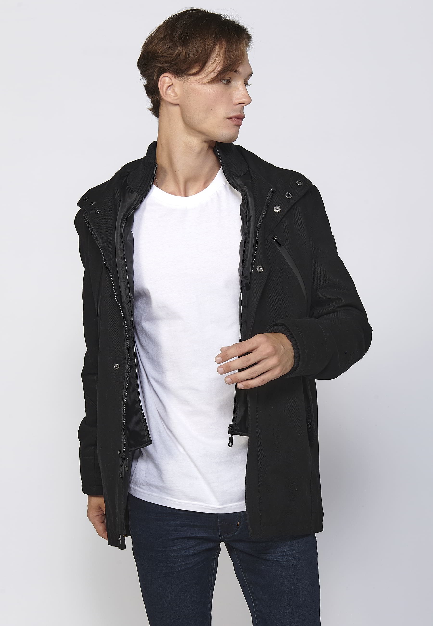 Abrigo largo con cierre delantero con cremallera y solapa color negro para hombre | Ropa Casual