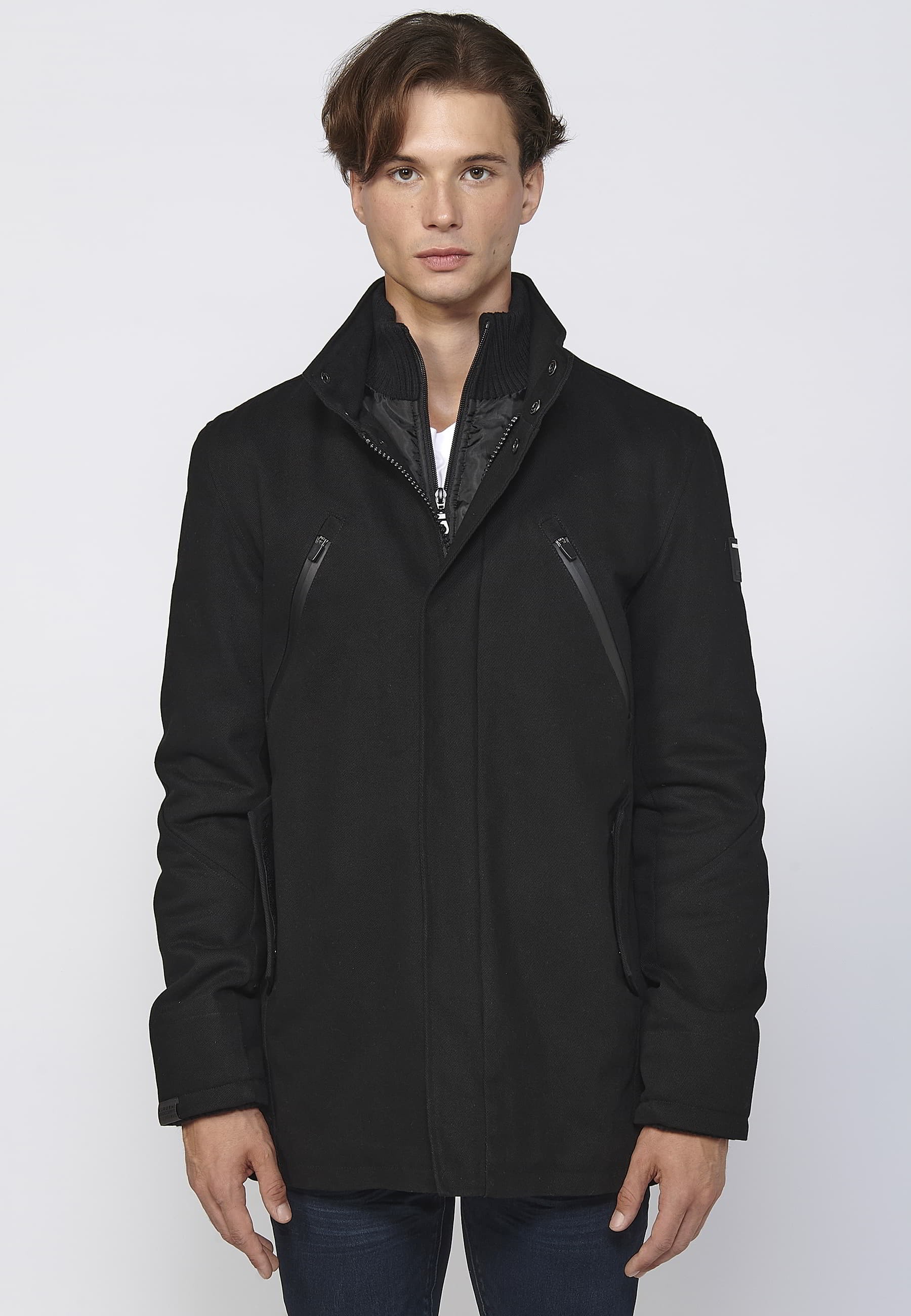 Abrigo largo con cierre delantero con cremallera y solapa color negro para hombre | Ropa Casual