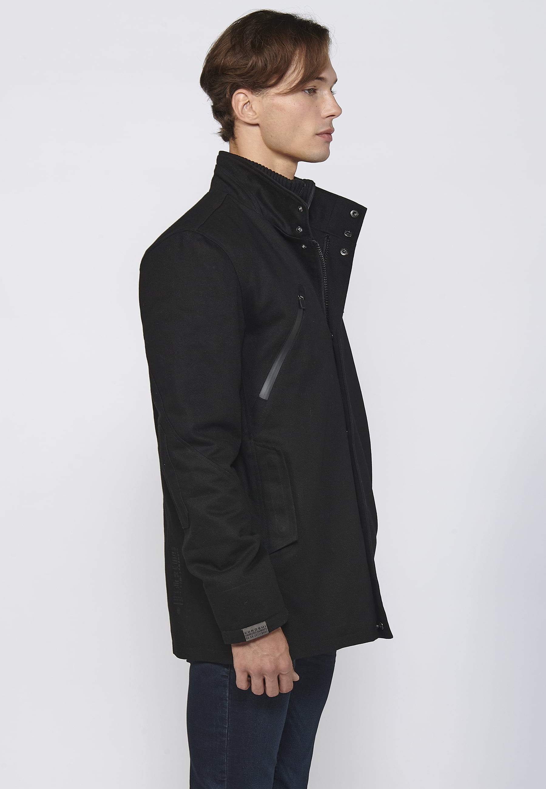 Abrigo largo con cierre delantero con cremallera y solapa color negro para hombre | Ropa Casual