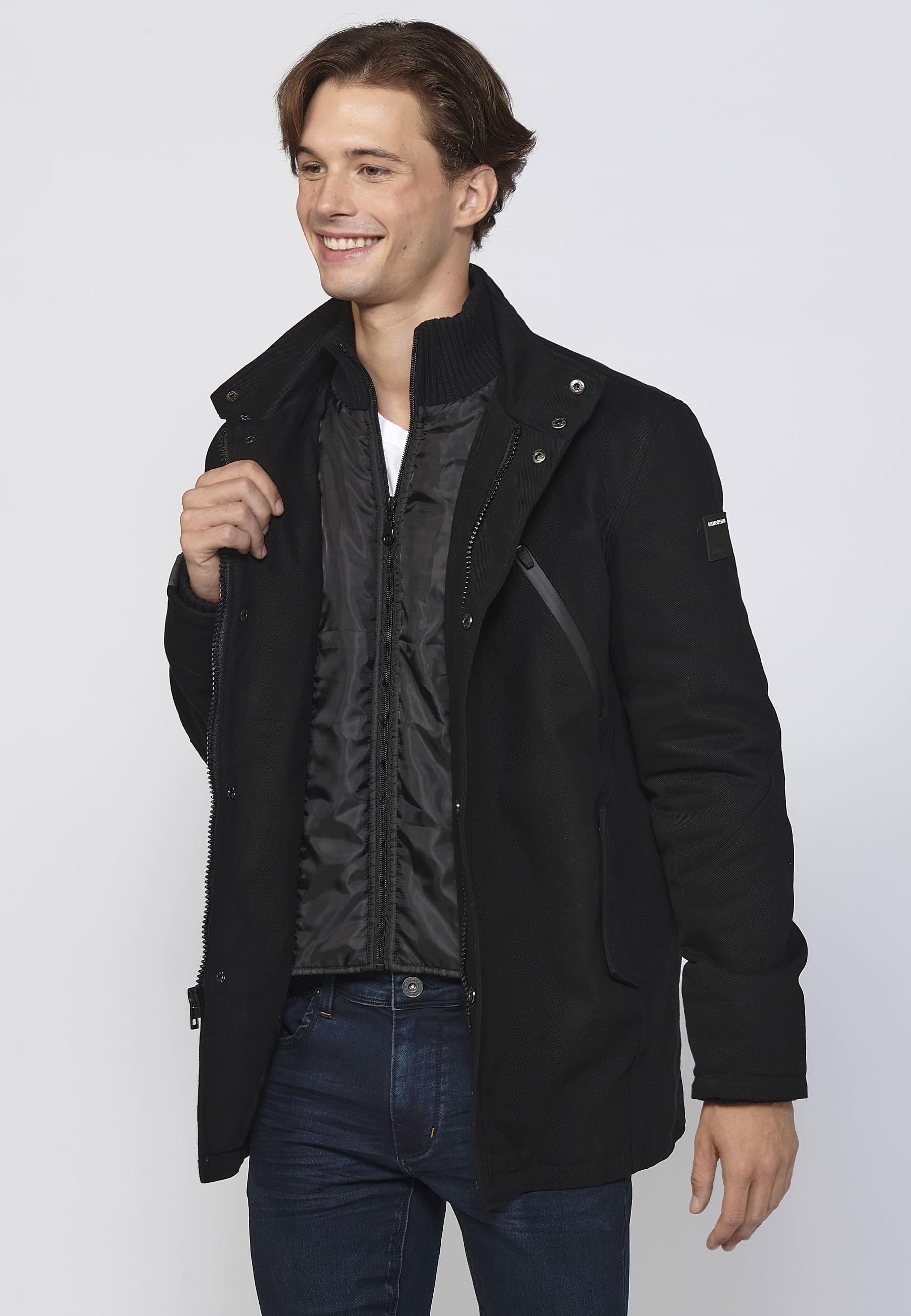 Abrigo largo con cierre delantero con cremallera y solapa color negro para hombre | Ropa Casual