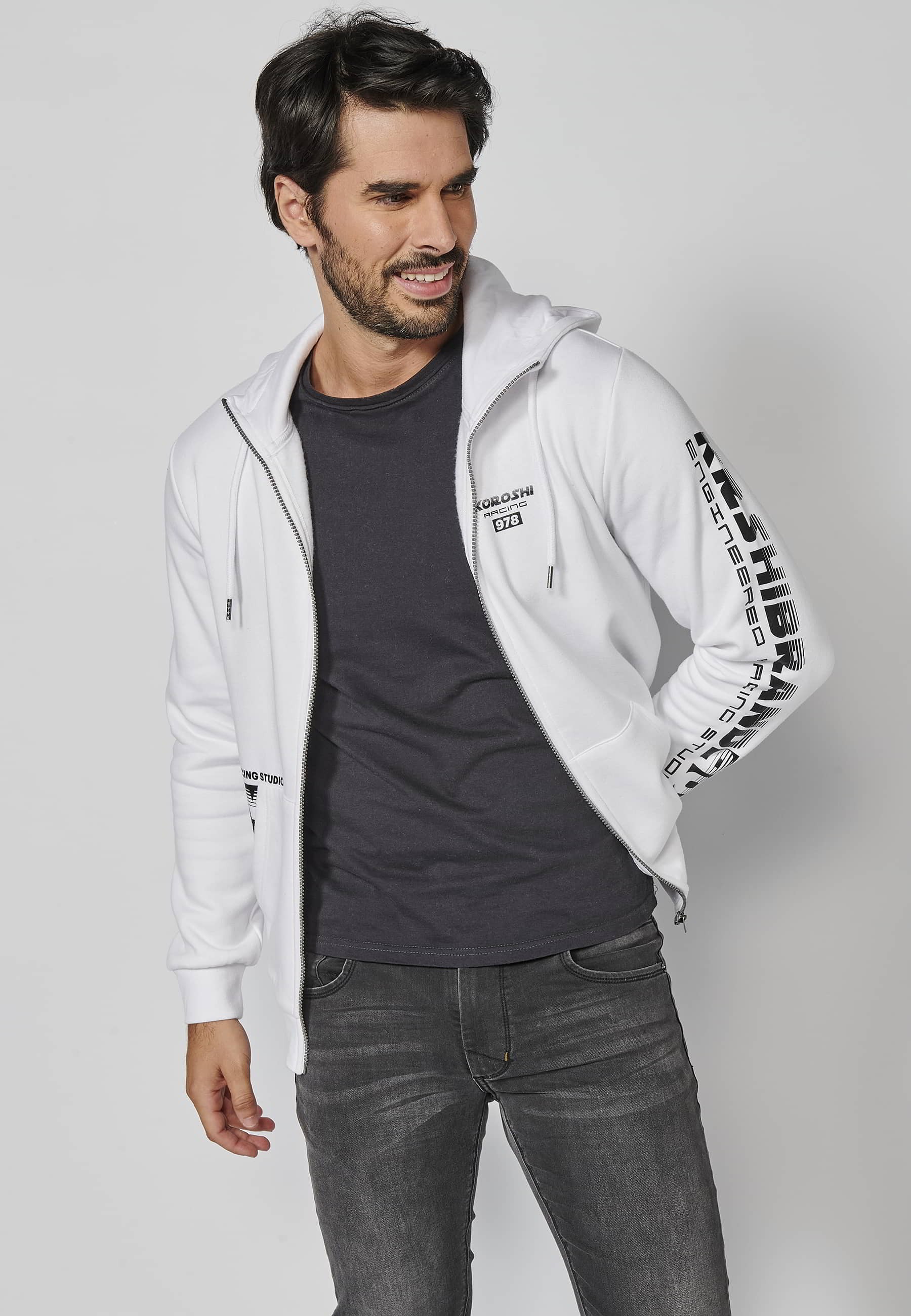 Chaqueta sudadera de manga larga con capucha ajustable detalle de letras en la manga color blanco para hombre | Ropa Casual