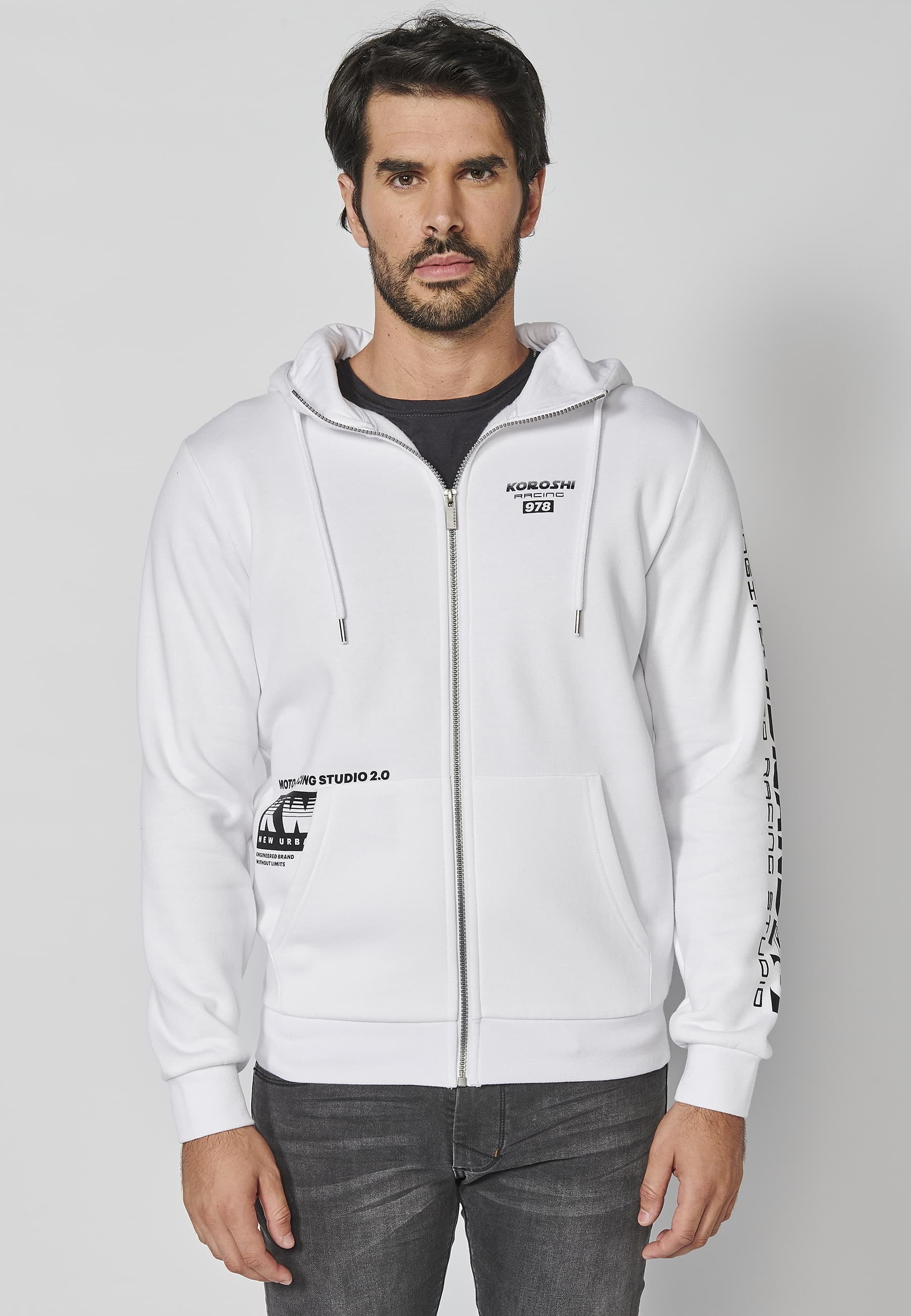 Chaqueta sudadera de manga larga con capucha ajustable detalle de letras en la manga color blanco para hombre | Ropa Casual