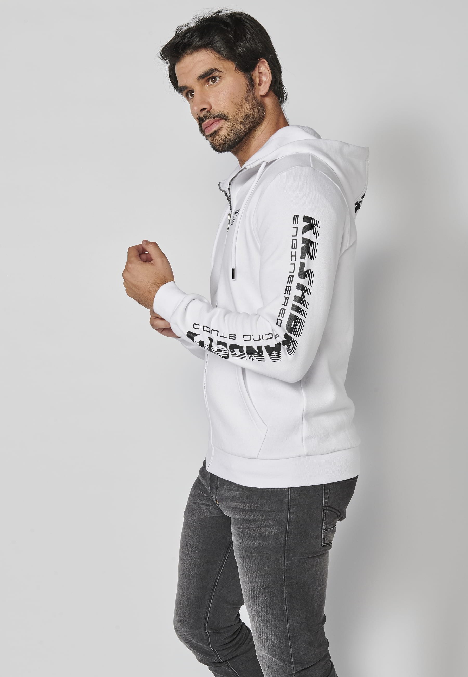 Chaqueta sudadera de manga larga con capucha ajustable detalle de letras en la manga color blanco para hombre | Ropa Casual