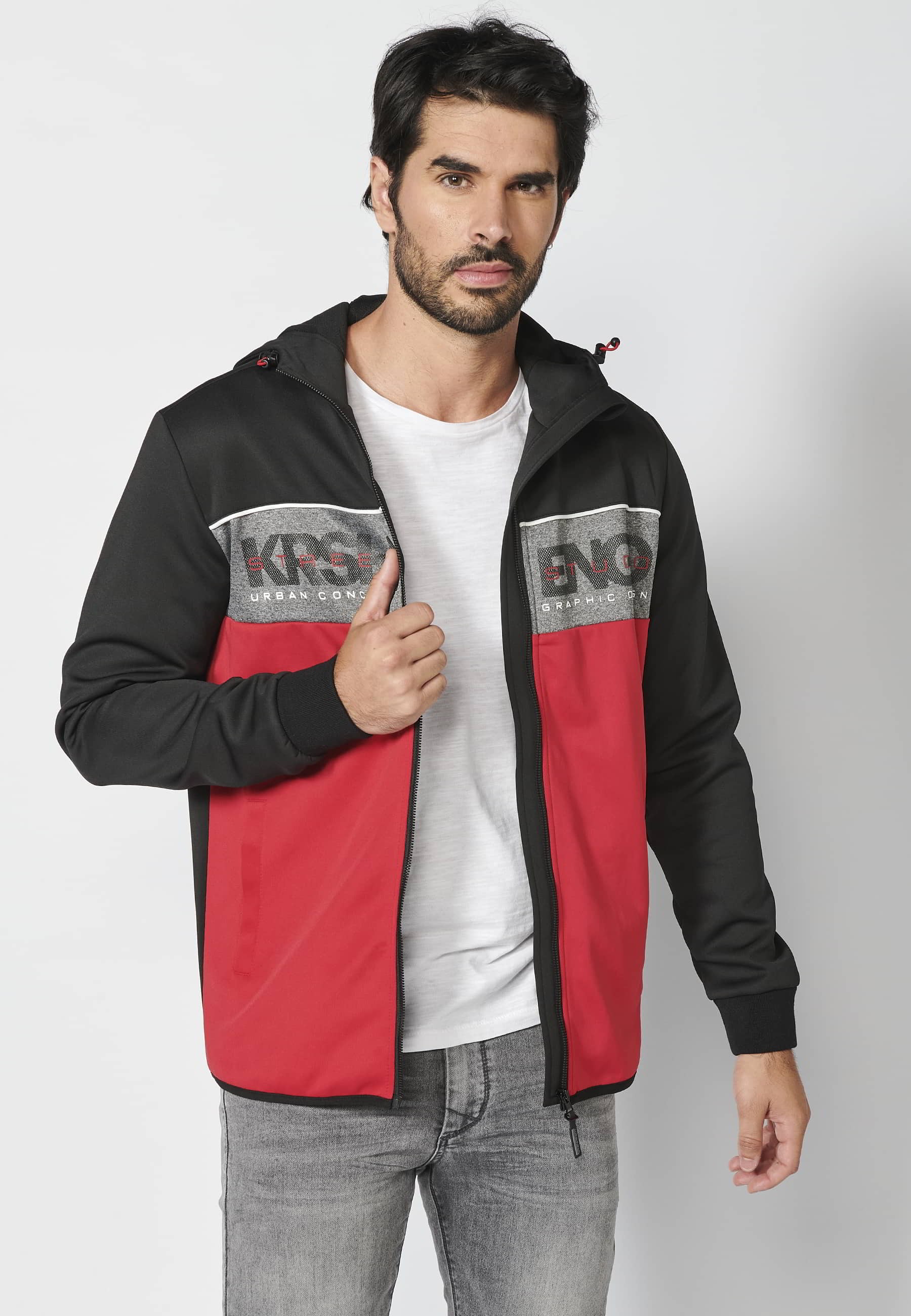 Chaqueta sudadera manga larga con capucha ajustable y franja en el pecho con letras de marca color rojo para hombre | Ropa Casual