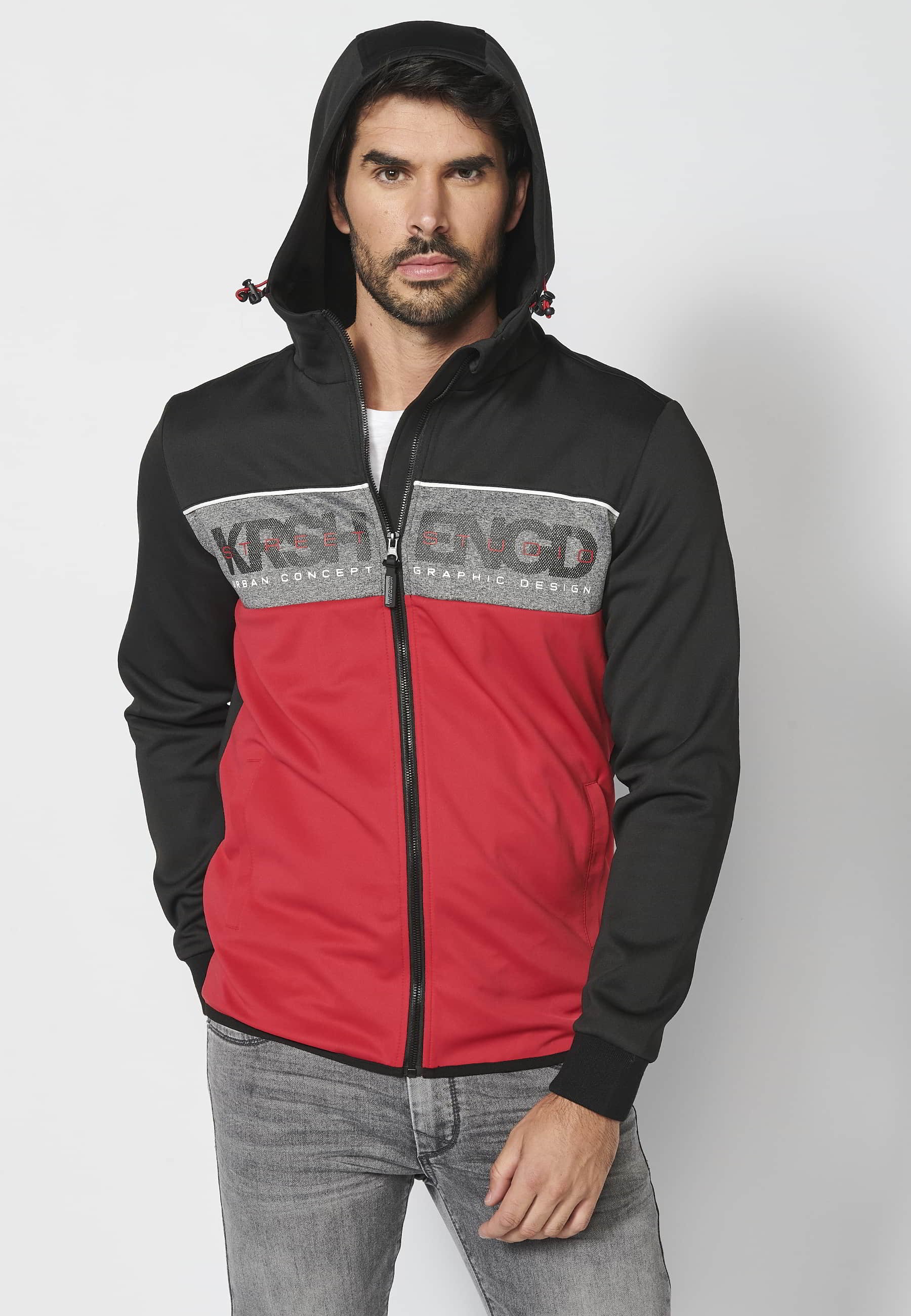 Chaqueta sudadera manga larga con capucha ajustable y franja en el pecho con letras de marca color rojo para hombre | Ropa Casual