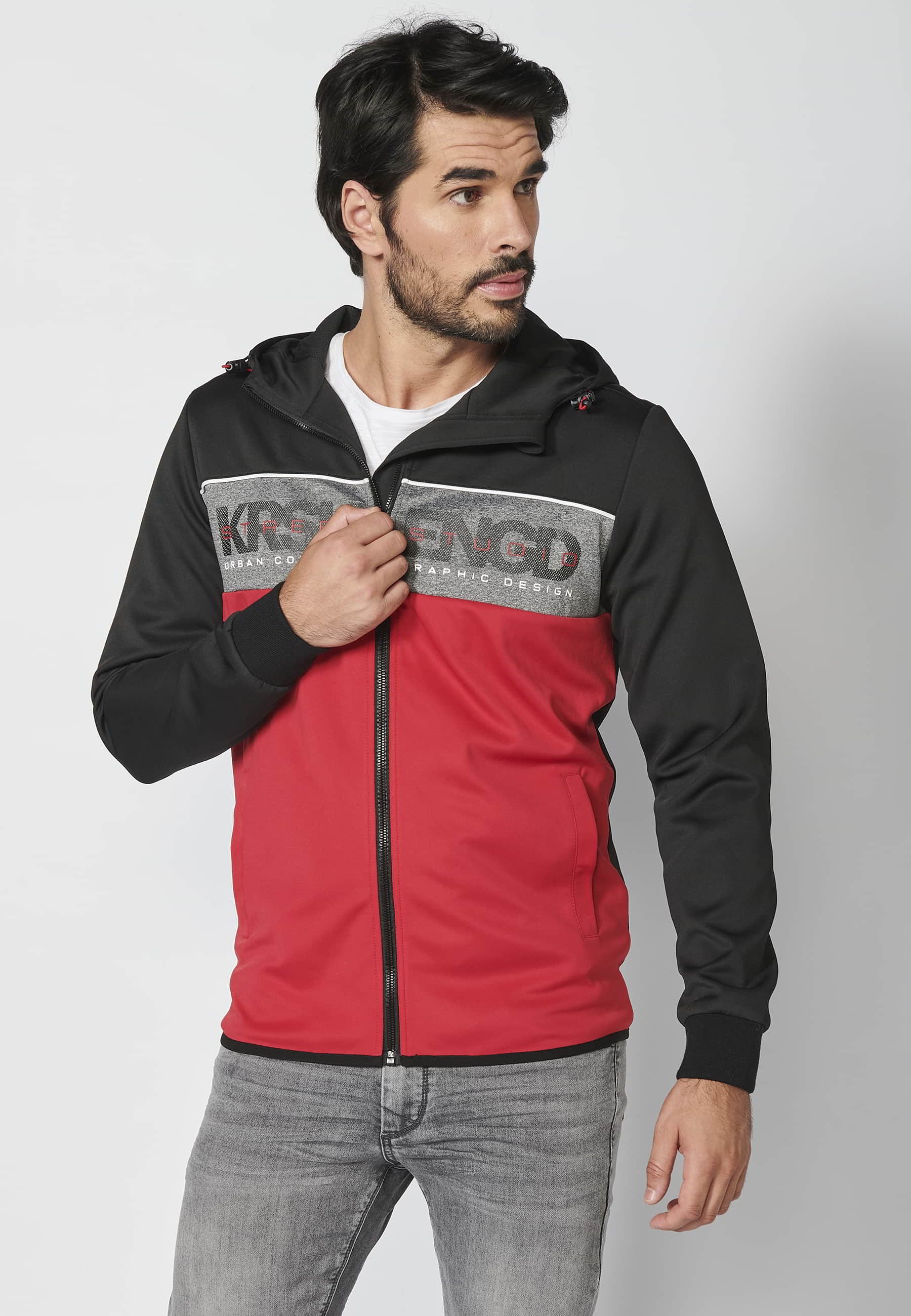 Chaqueta sudadera manga larga con capucha ajustable y franja en el pecho con letras de marca color rojo para hombre | Ropa Casual